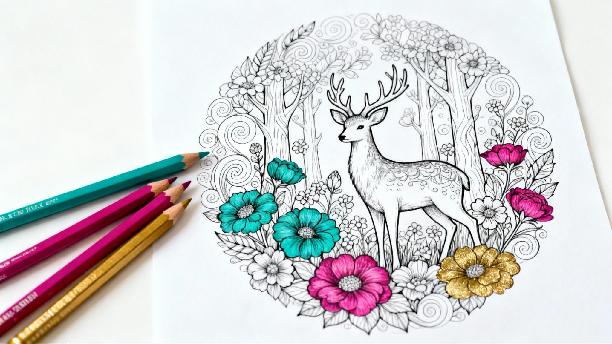 A top-down view of a detailed coloring page of a deer in a forest, partially colored in with teal and magenta. Colored pencils lie next to the page on a white background.
