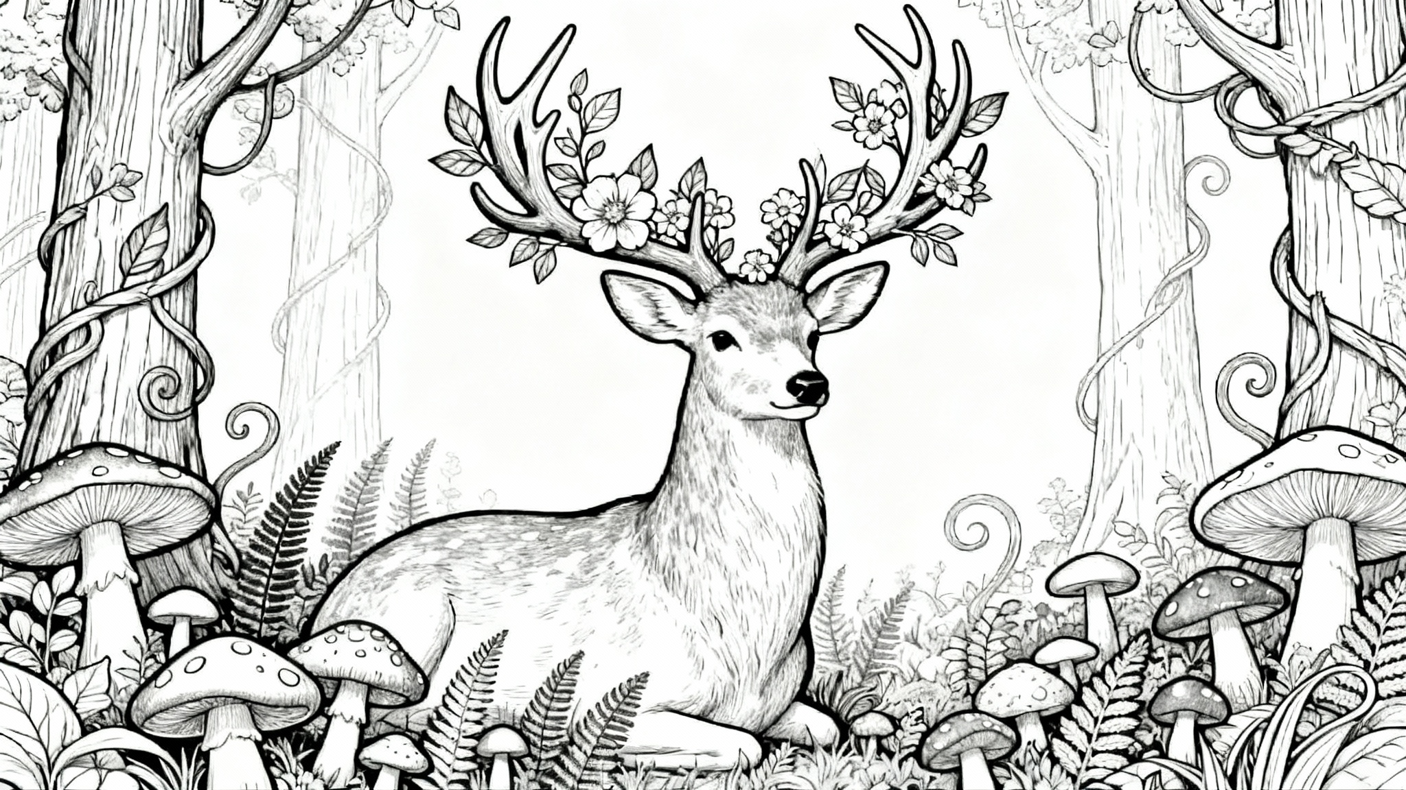 A detailed black and white line art coloring page featuring a majestic deer with floral antlers in a whimsical forest setting, ready to be colored.