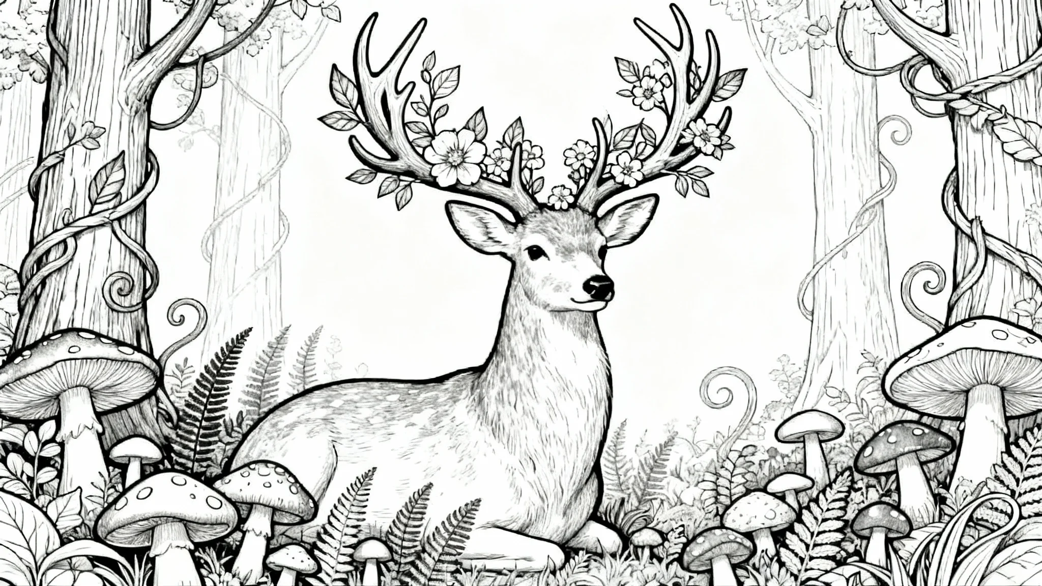 A detailed black and white line art coloring page featuring a majestic deer with floral antlers in a whimsical forest setting, ready to be colored.
