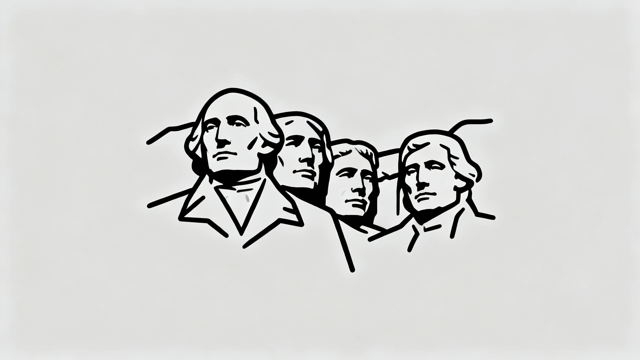 A minimalist black line art outline of Mount Rushmore, displayed centrally on a light gray background in a 16:9 format.