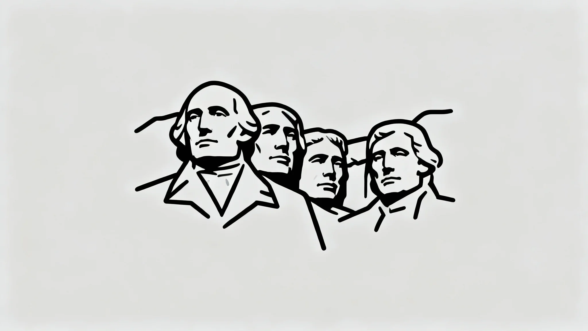 A minimalist black line art outline of Mount Rushmore, displayed centrally on a light gray background in a 16:9 format.