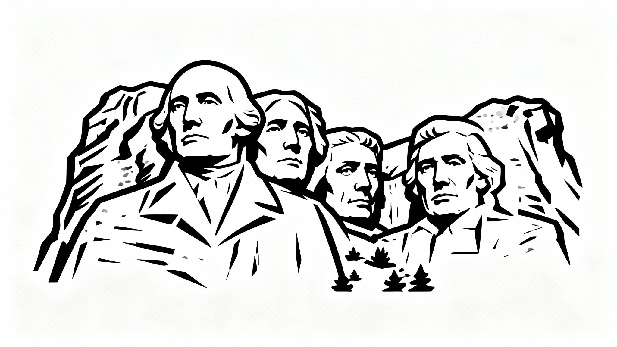A minimalist black outline drawing of Mount Rushmore, featuring the four presidents' faces, on a clean white background.