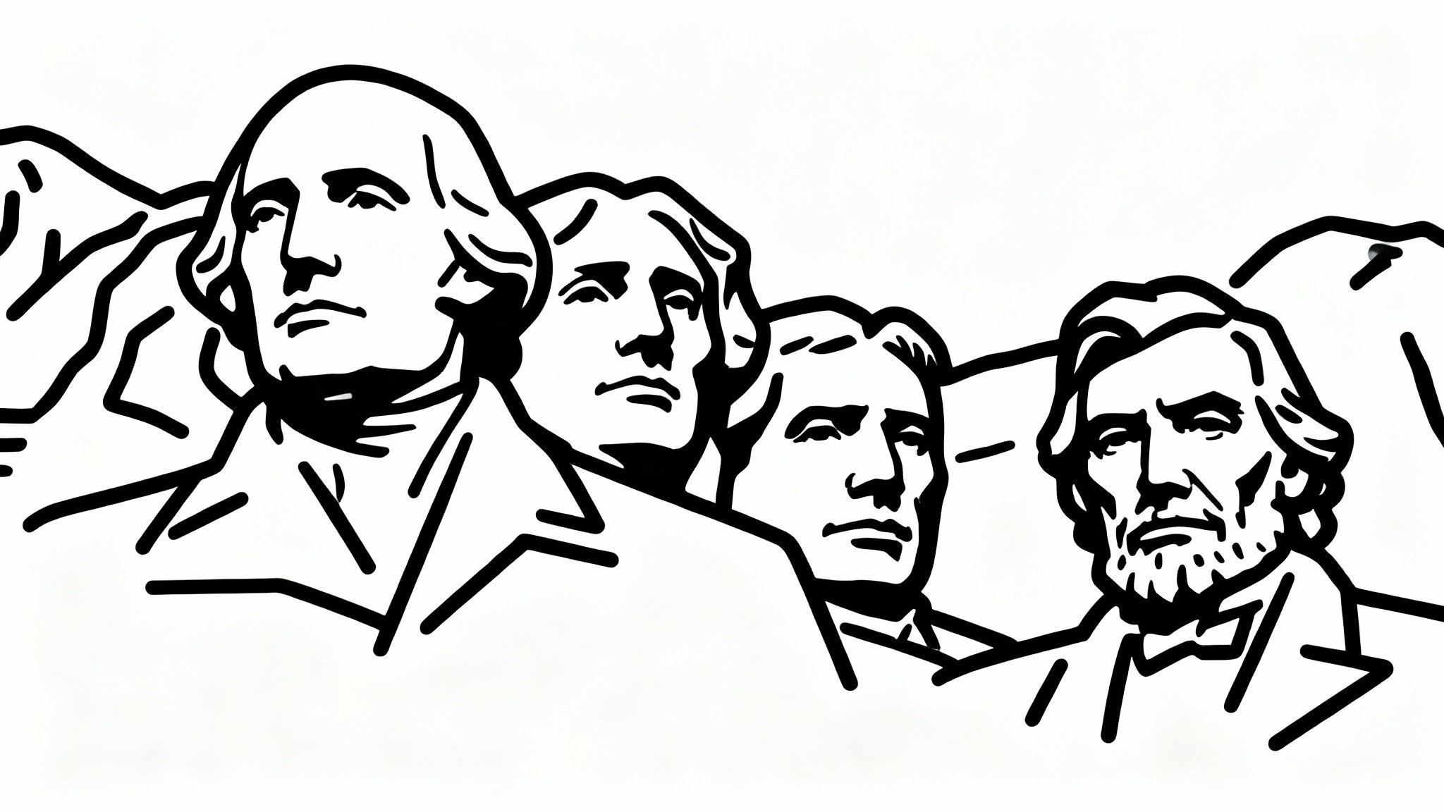 A simple black outline drawing of the Mount Rushmore monument on a clean white background, showcasing the famous presidential faces.