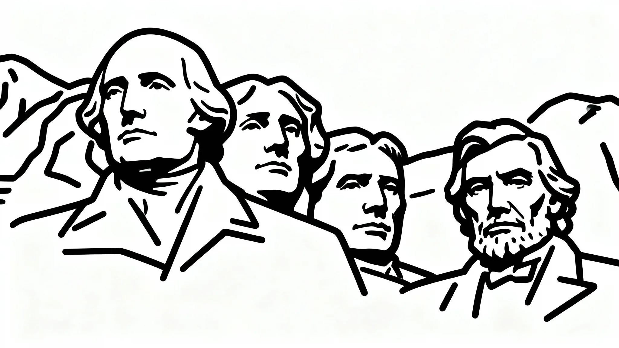 A simple black outline drawing of the Mount Rushmore monument on a clean white background, showcasing the famous presidential faces.