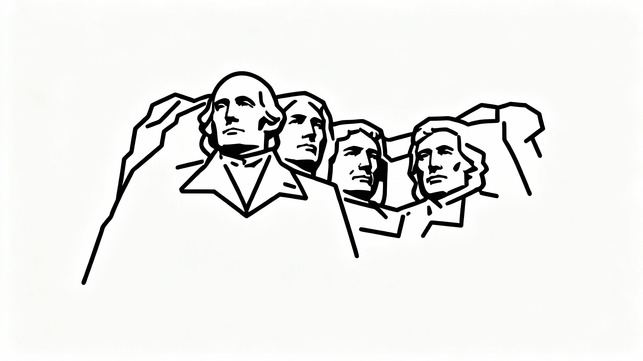 A minimalist black outline drawing of the Mount Rushmore monument, presented in a clean, graphic style on a white background.
