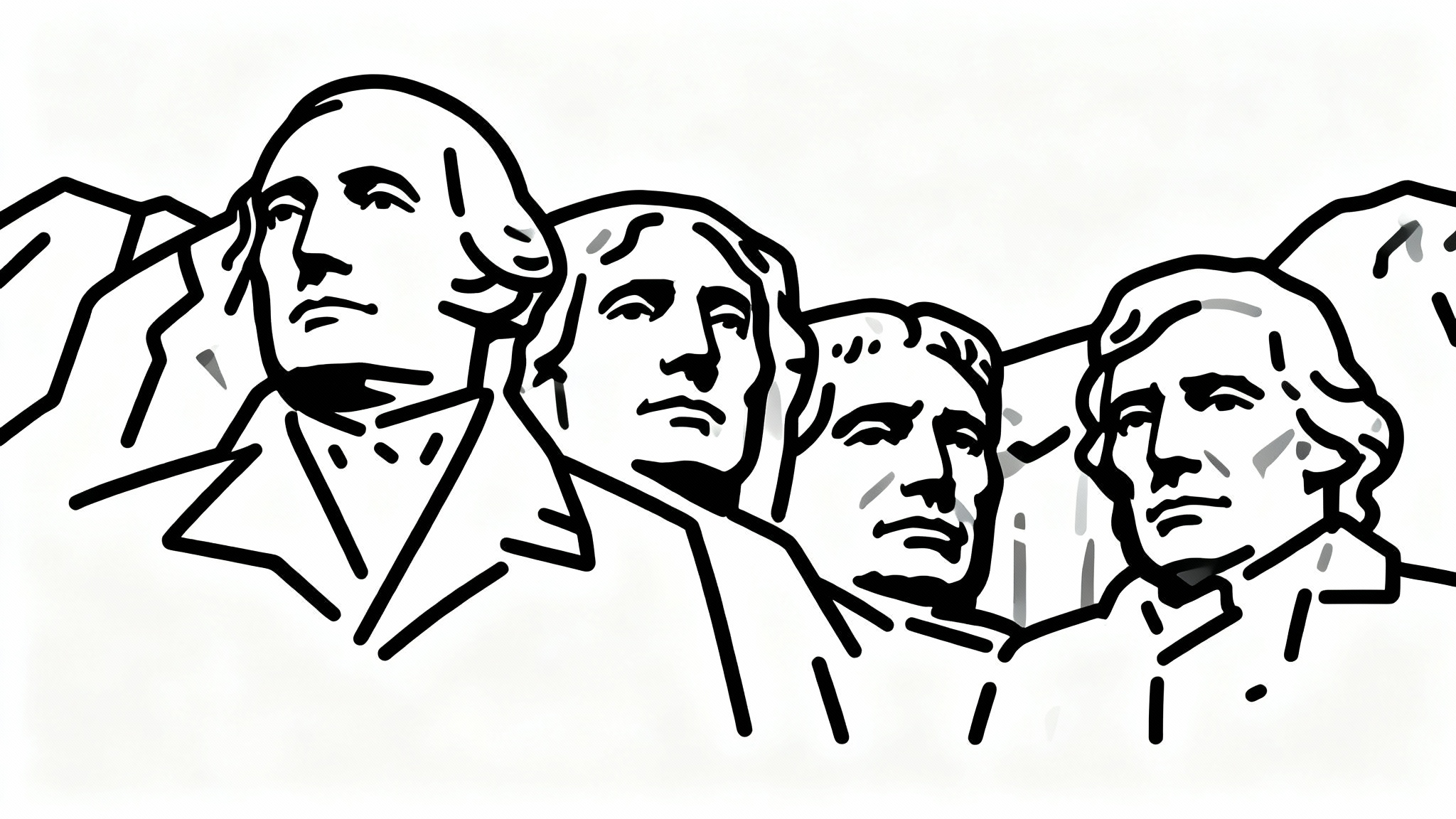 A minimalist black outline illustration of Mount Rushmore on a clean white background.