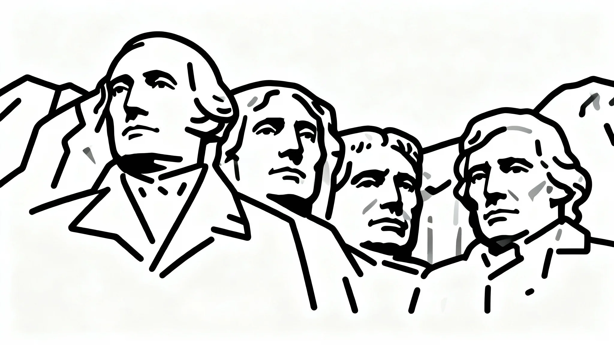 A minimalist black outline illustration of Mount Rushmore on a clean white background.