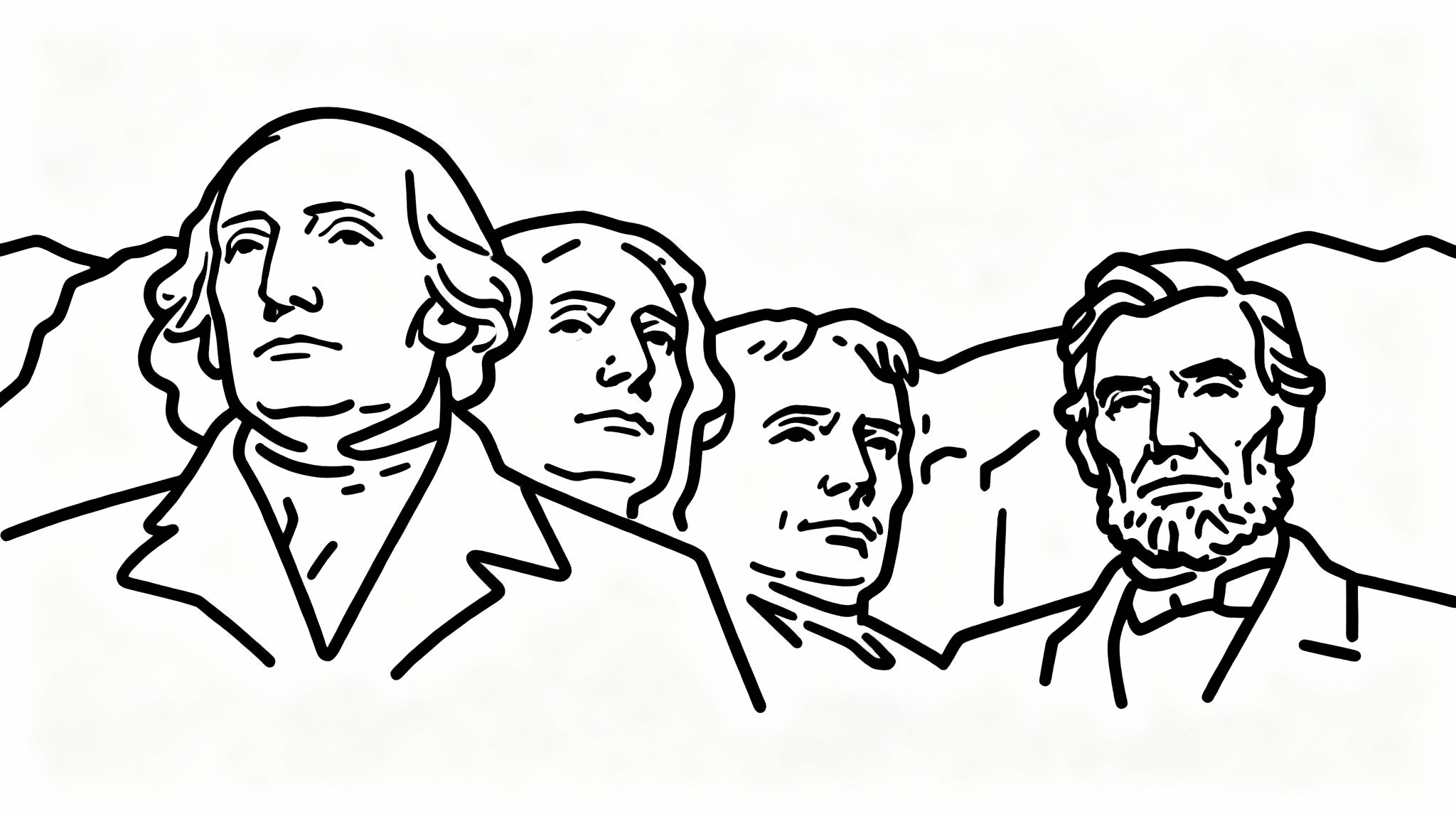 A minimalist black line art outline of the Mount Rushmore monument, centered on a plain white background.