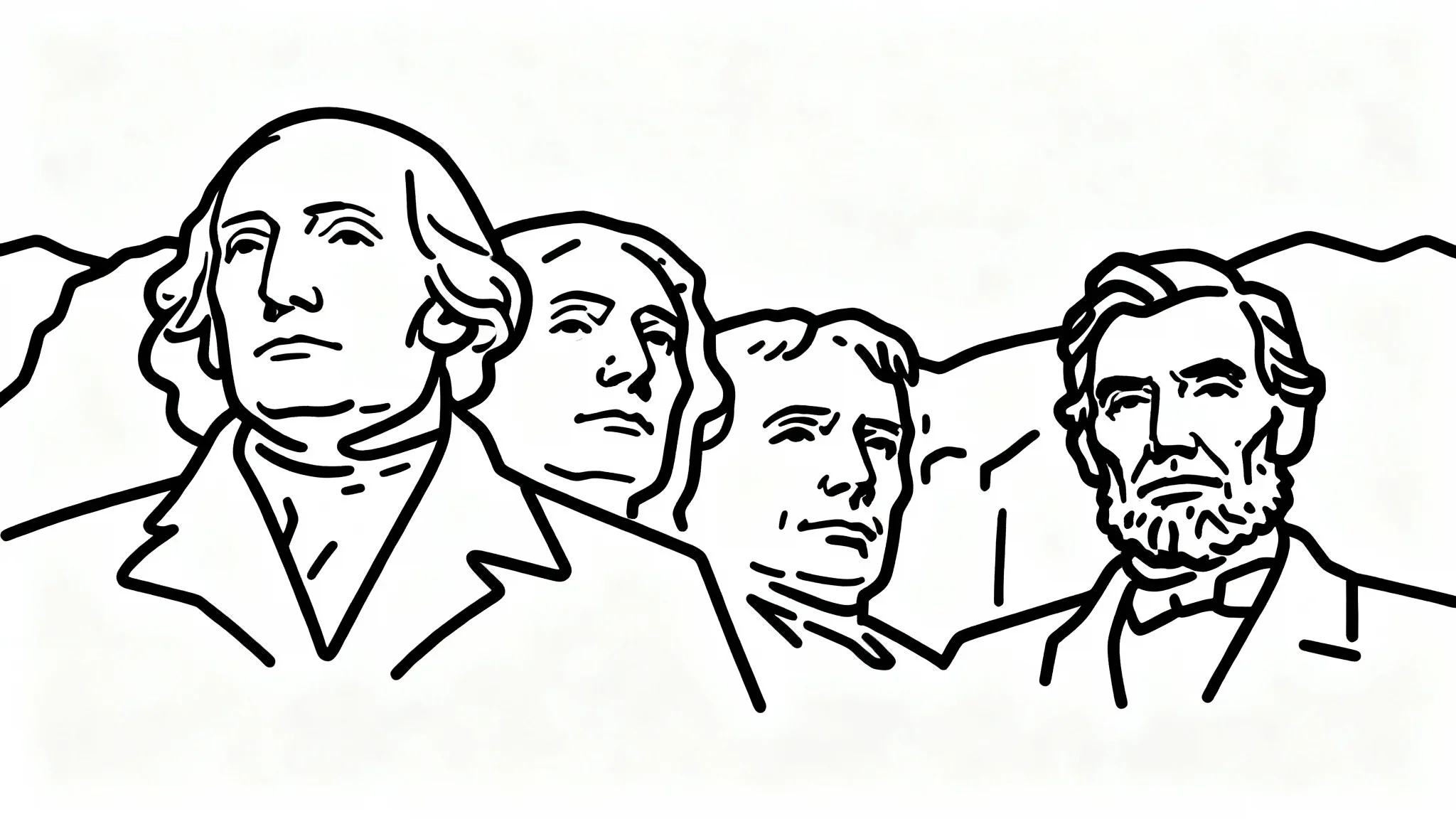 A minimalist black line art outline of the Mount Rushmore monument, centered on a plain white background.