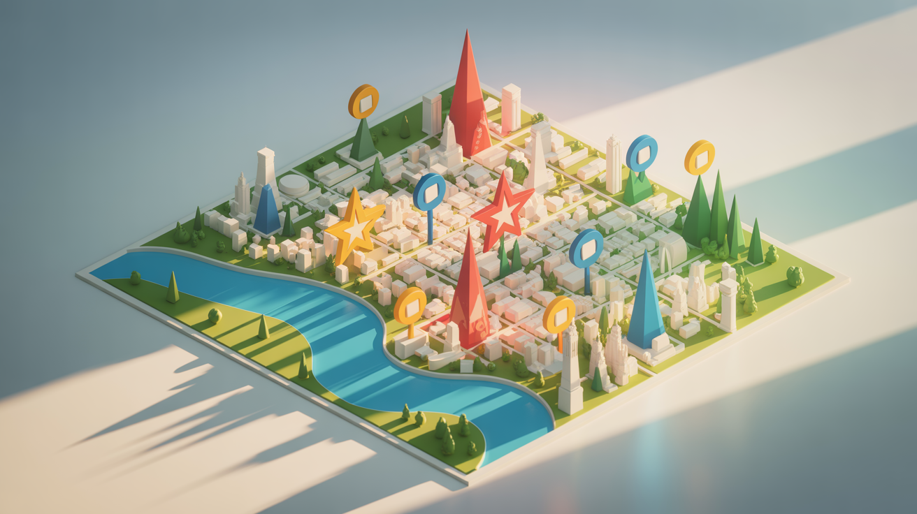 An isometric view of a polished city map featuring custom 3D map markers: red stars, blue circles, green triangles, and yellow squares, with a legend in the corner explaining each icon.