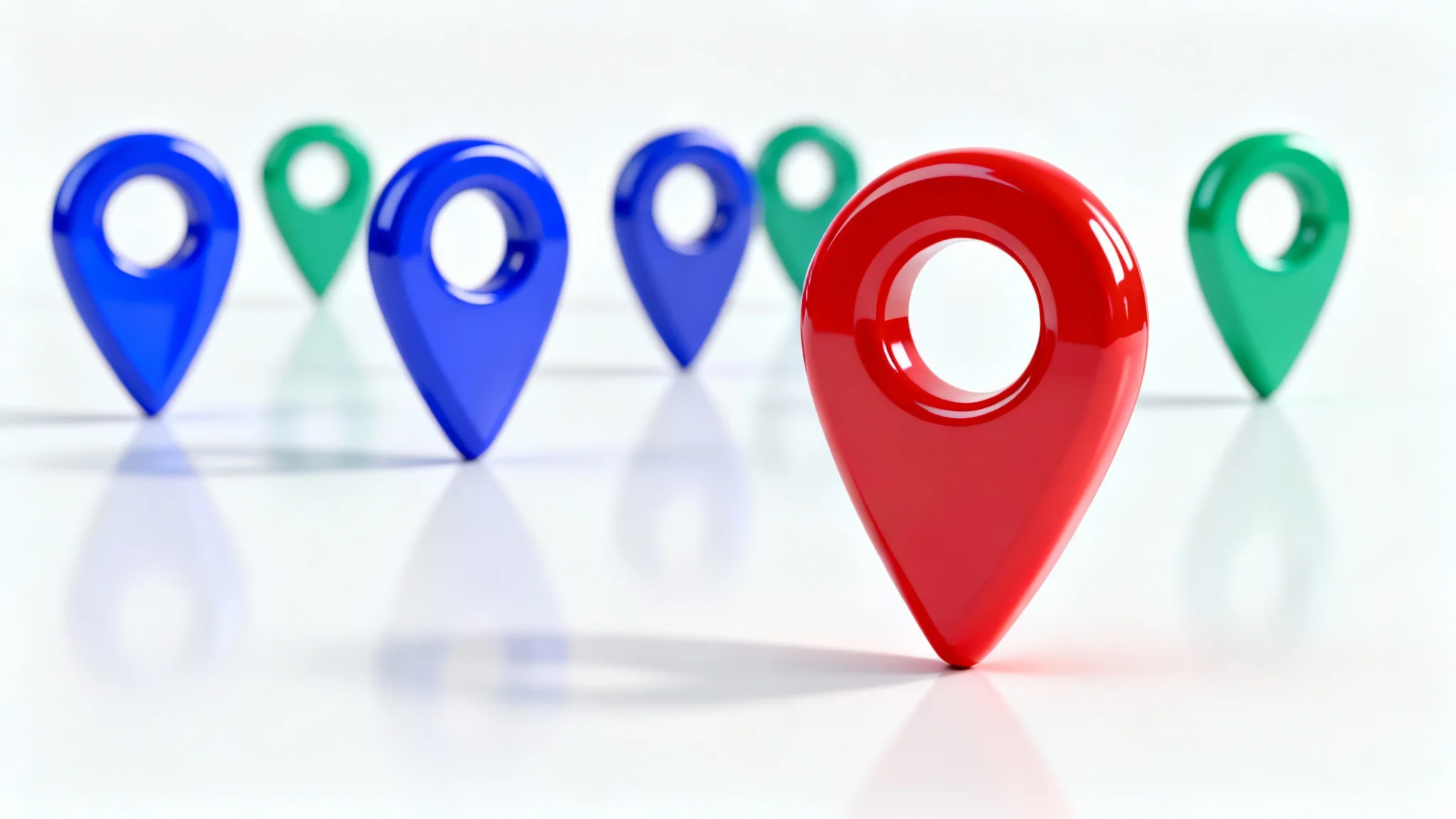 A close-up of several colorful, glossy 3D map marker pins in red, blue, and green, arranged on a clean white background.