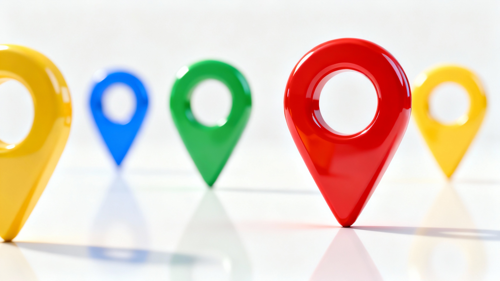 A collection of colorful and glossy 3D map markers arranged neatly on a plain white background, symbolizing locations and destinations.