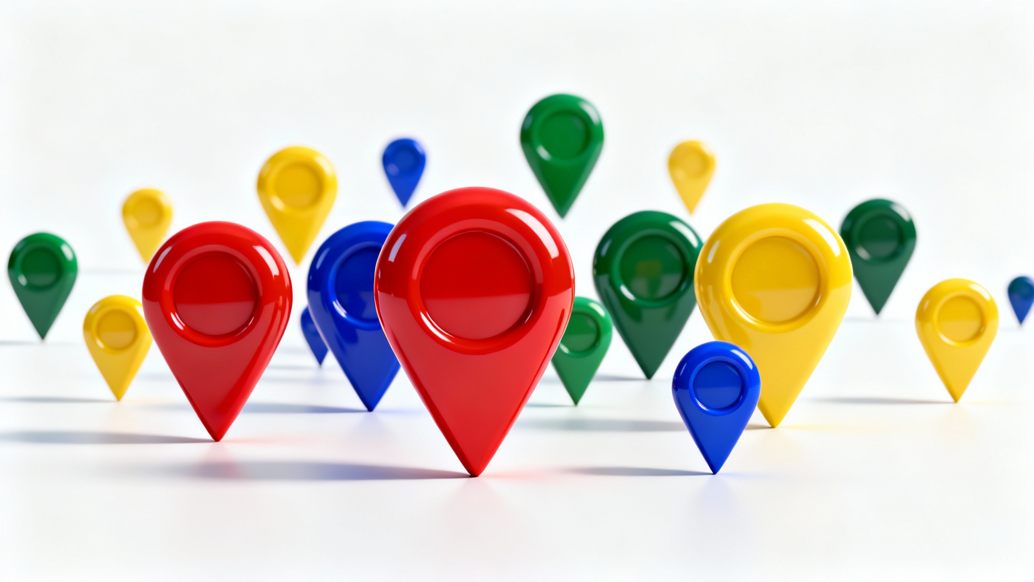 A collection of colorful 3D map marker pins floating against a clean white background, representing location and mapping services.
