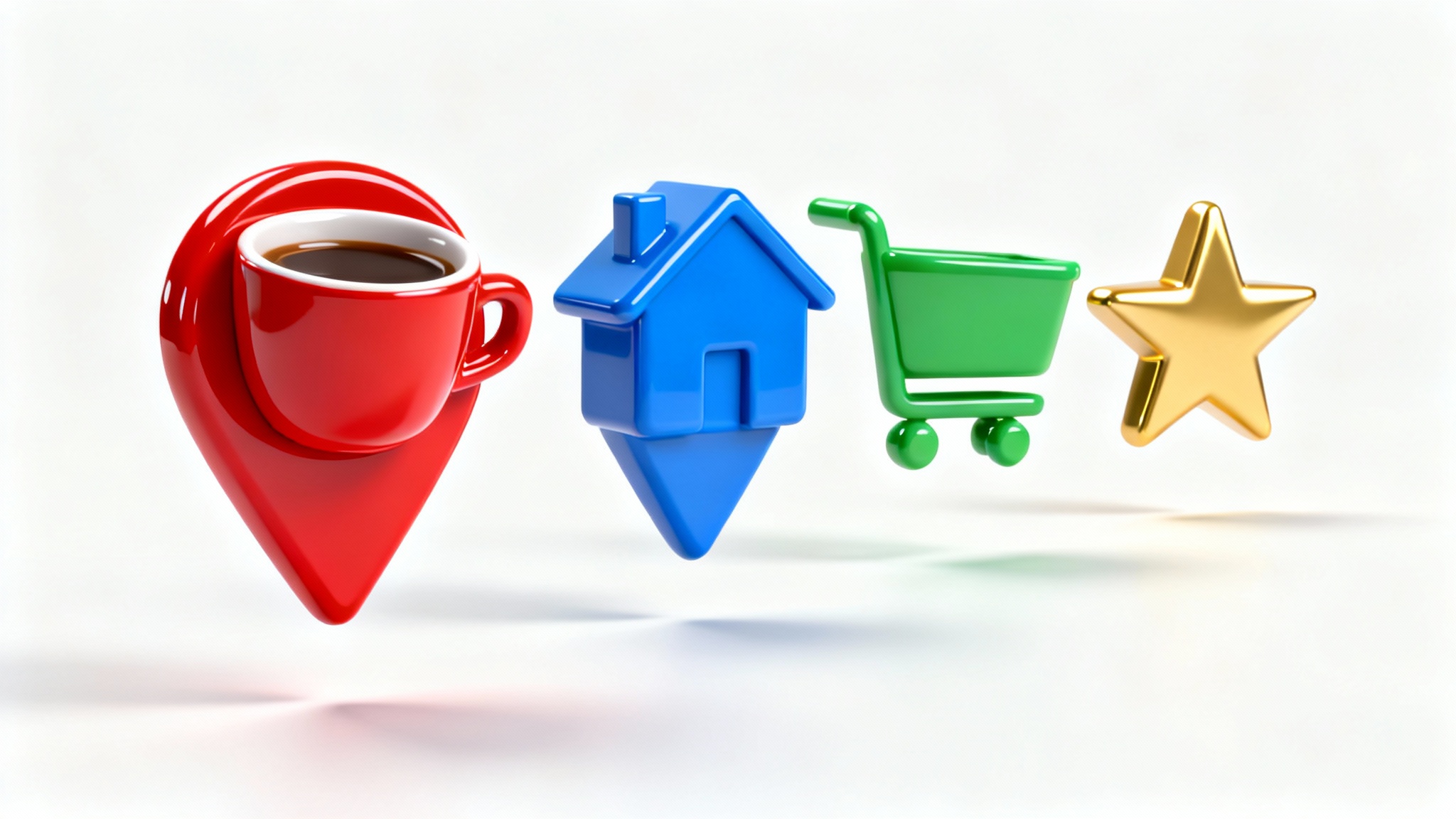A photorealistic mockup of four colorful 3D map markers, including a coffee cup, house, shopping cart, and star, floating above a clean white surface.