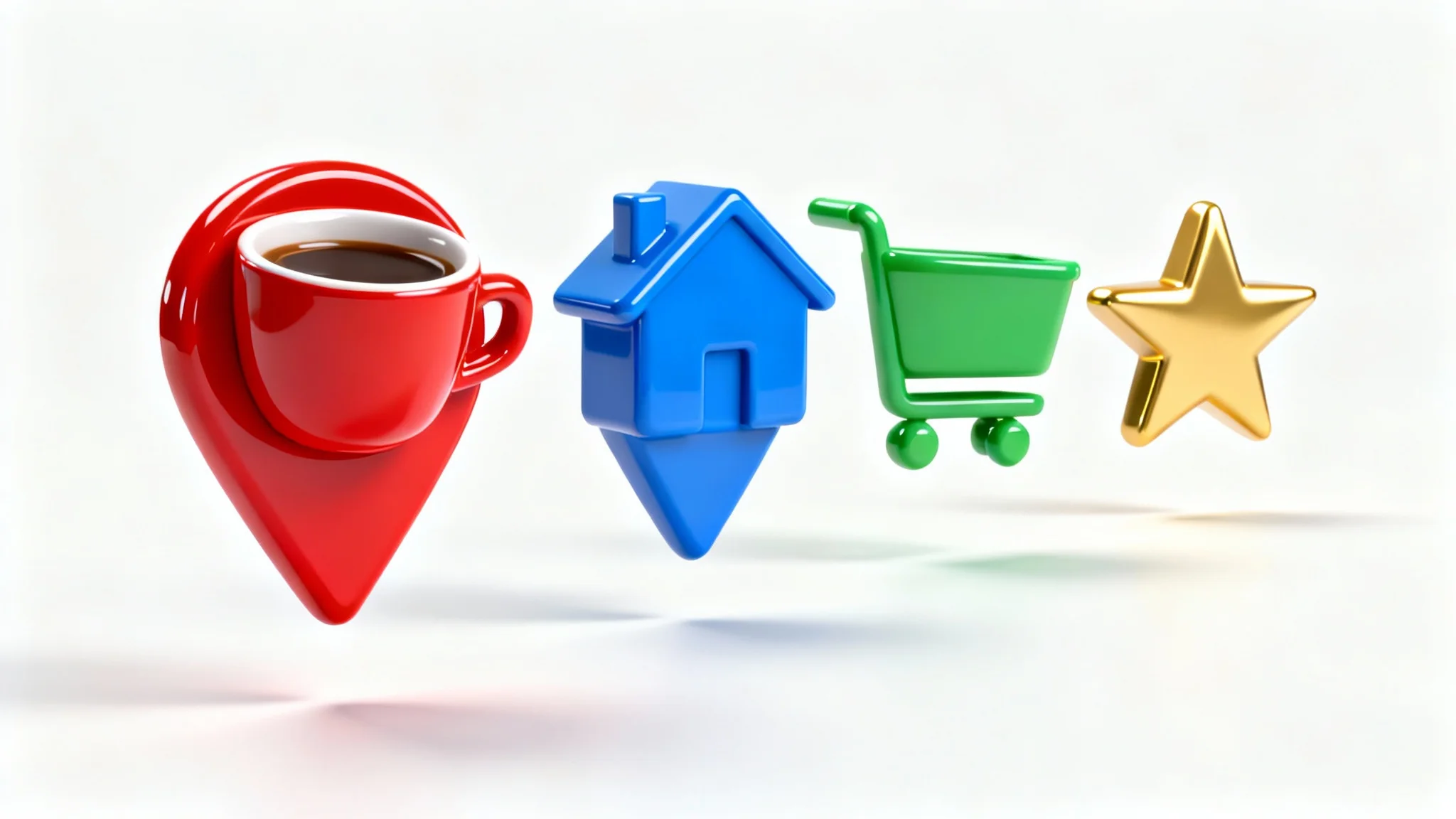 A photorealistic mockup of four colorful 3D map markers, including a coffee cup, house, shopping cart, and star, floating above a clean white surface.