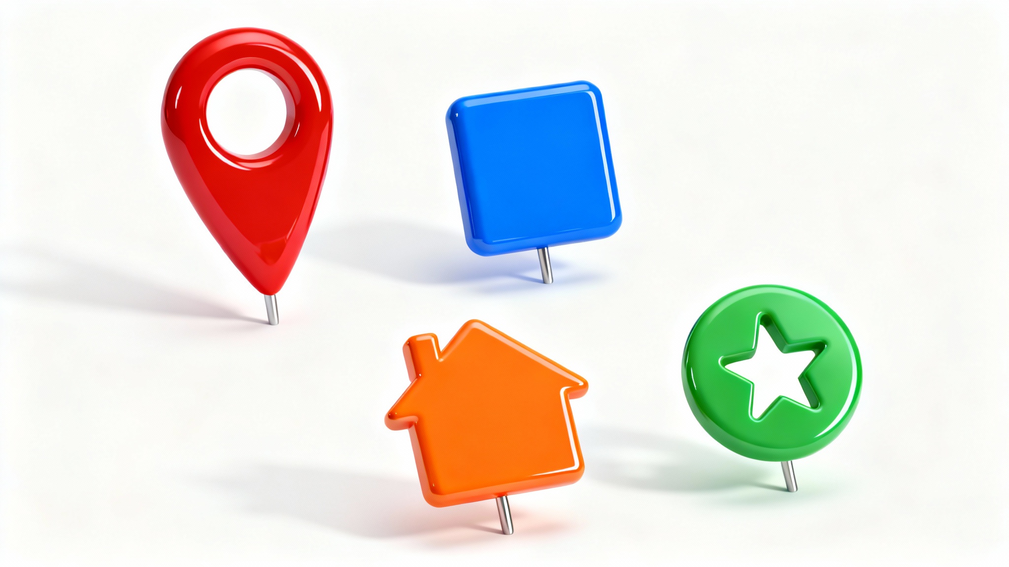 A collection of colorful 3D map marker icons in various shapes, including a red teardrop and a blue square, displayed on a clean white background.