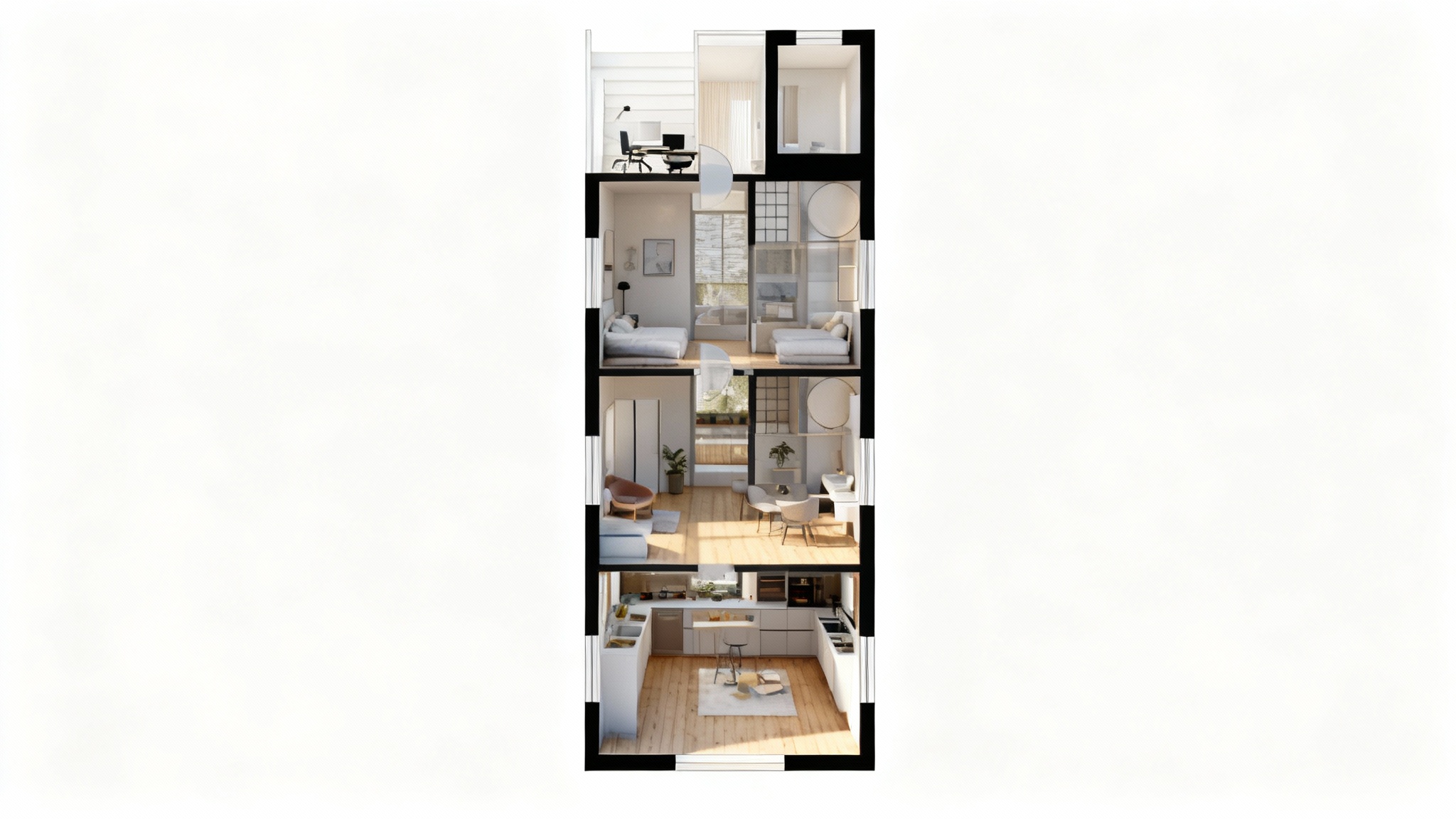A 3D rendered floor plan of a narrow three-story townhouse, shown in an axonometric view against a white background. The modern design shows a furnished open-plan ground floor, two bedrooms on the second floor, and a loft office on the top floor.