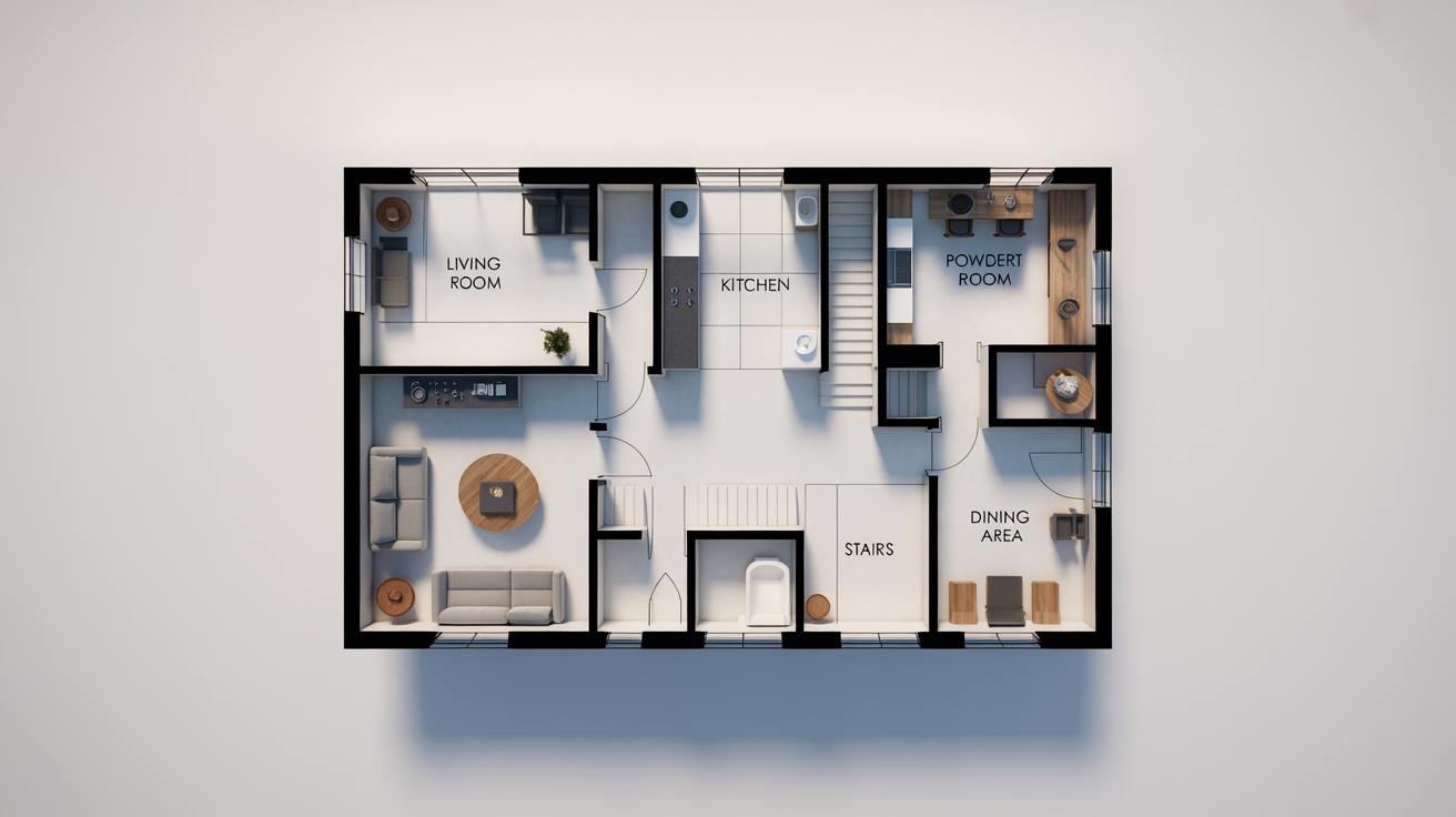 A modern 2D floor plan of a narrow townhouse's ground floor, showing the layout of the living room, kitchen, and dining area on a clean white background.