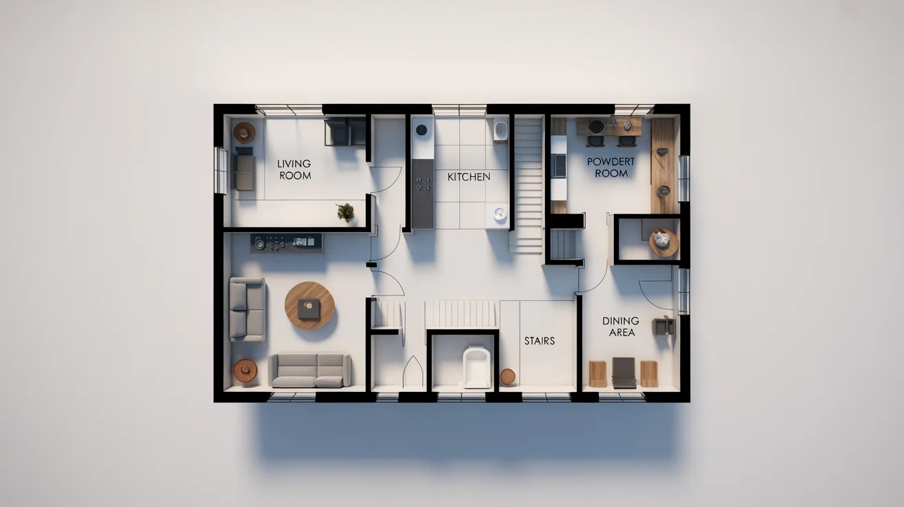 A modern 2D floor plan of a narrow townhouse's ground floor, showing the layout of the living room, kitchen, and dining area on a clean white background.