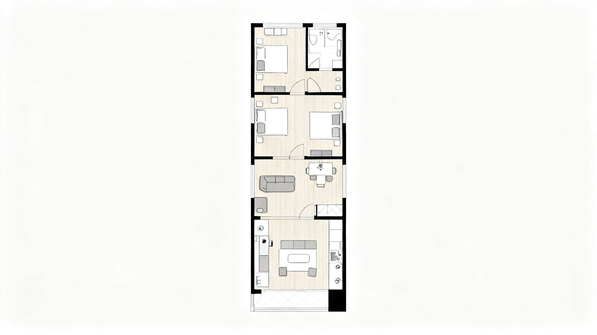 A modern, top-down architectural floor plan of a narrow townhouse with multiple levels, displayed on a clean white background.