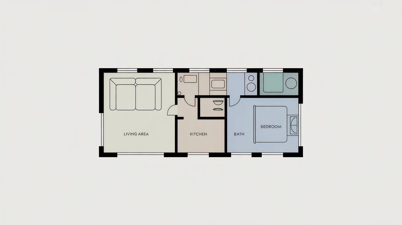 A minimalist 2D top-down floor plan of a long, narrow townhouse, showing labeled rooms like 'Living Area', 'Kitchen', and 'Bedroom' on a clean white background.