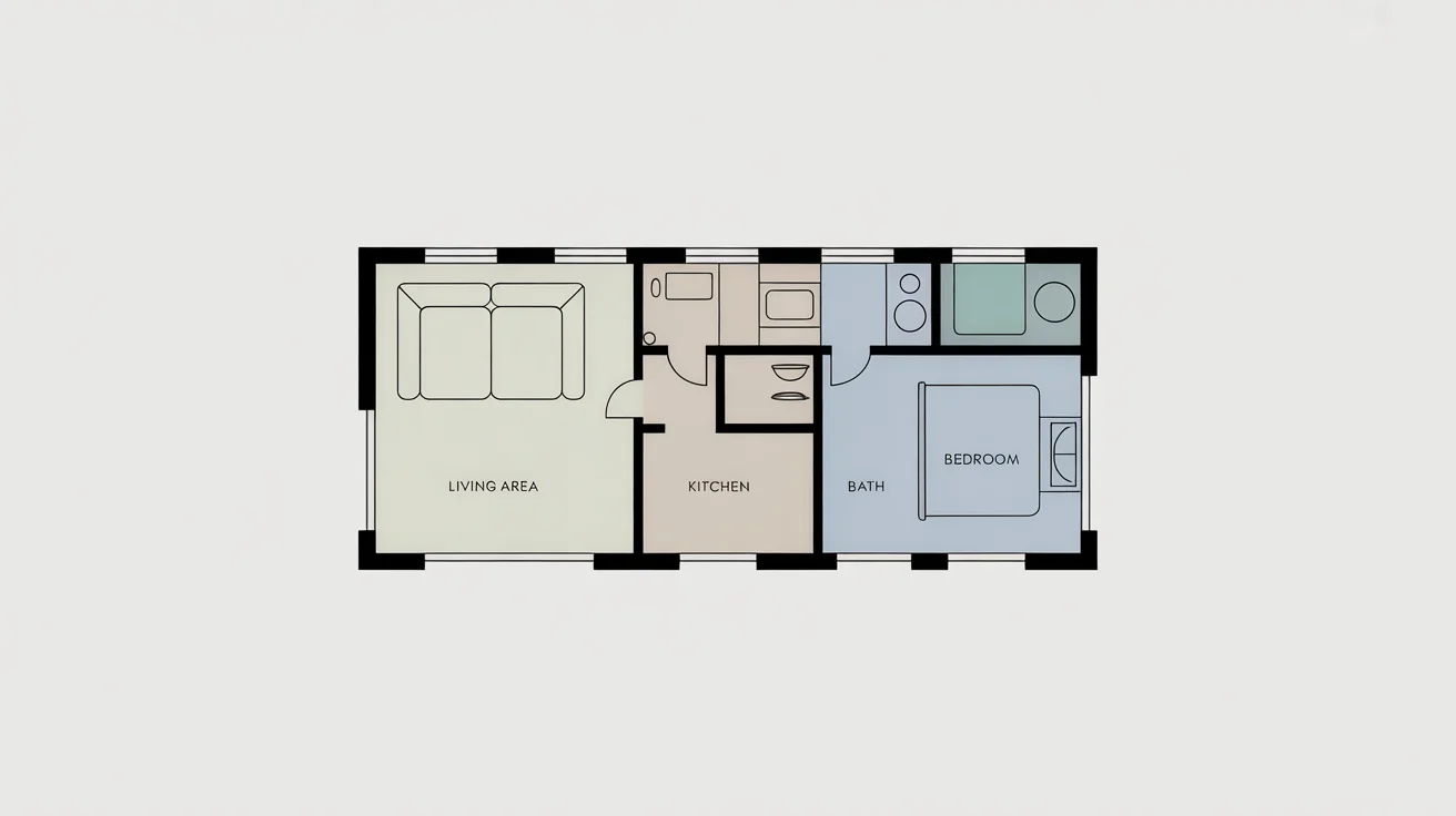A minimalist 2D top-down floor plan of a long, narrow townhouse, showing labeled rooms like 'Living Area', 'Kitchen', and 'Bedroom' on a clean white background.
