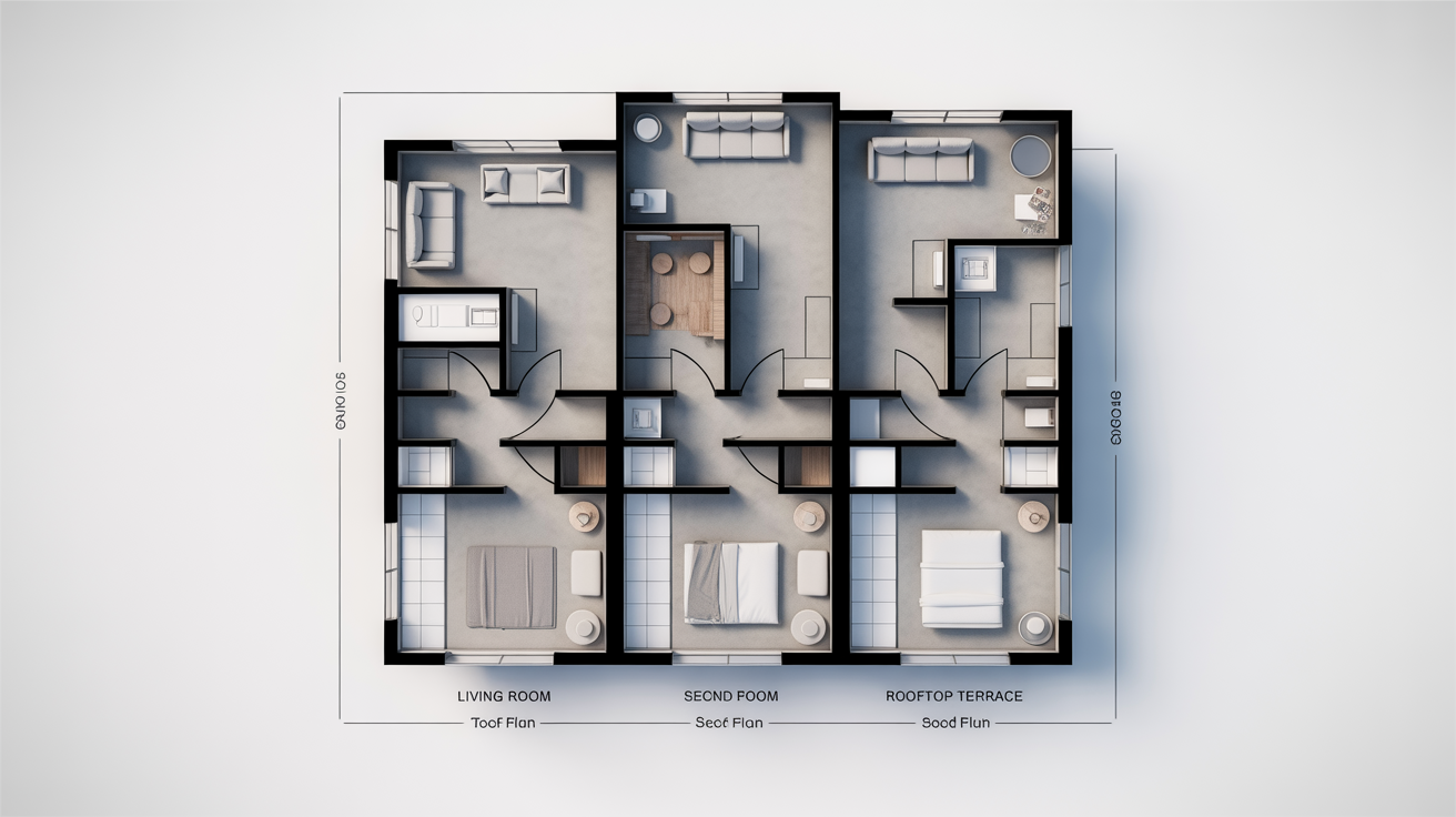 Detailed architectural floor plan of a narrow, multi-level townhouse, showing furniture layout and room labels on a white background.