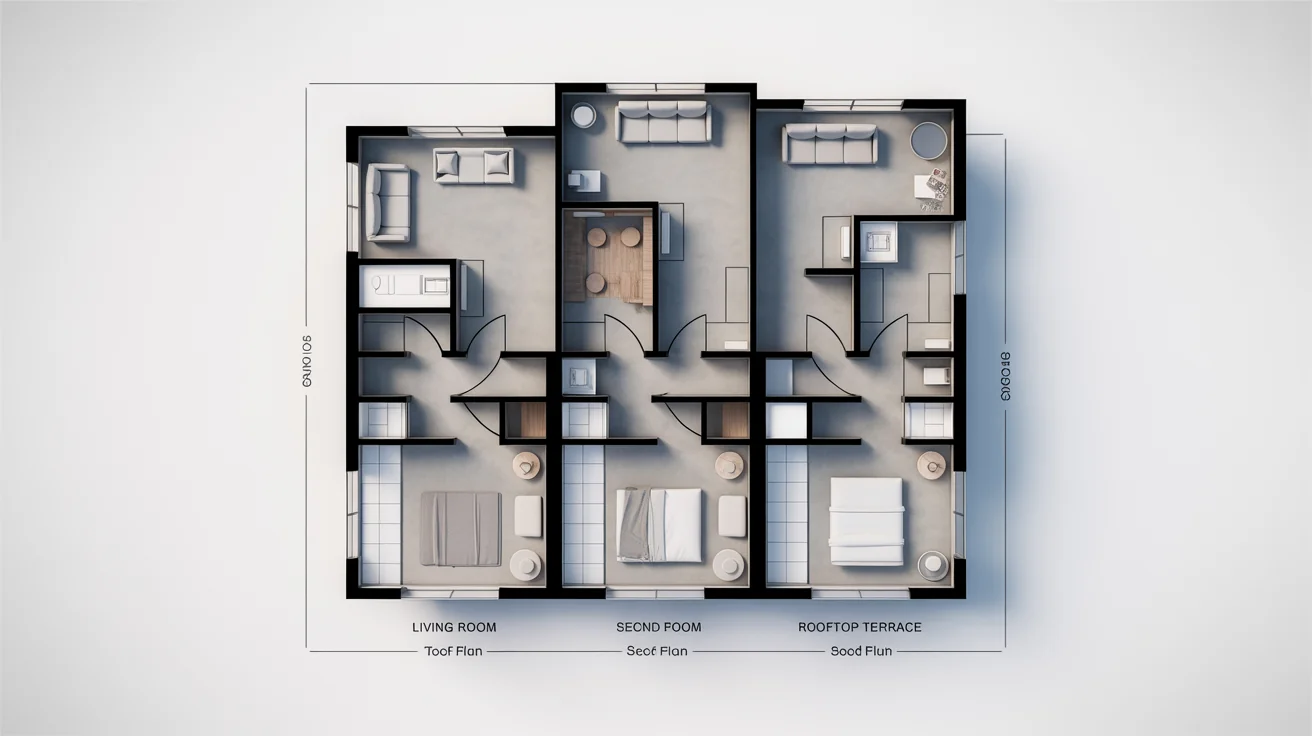 Detailed architectural floor plan of a narrow, multi-level townhouse, showing furniture layout and room labels on a white background.