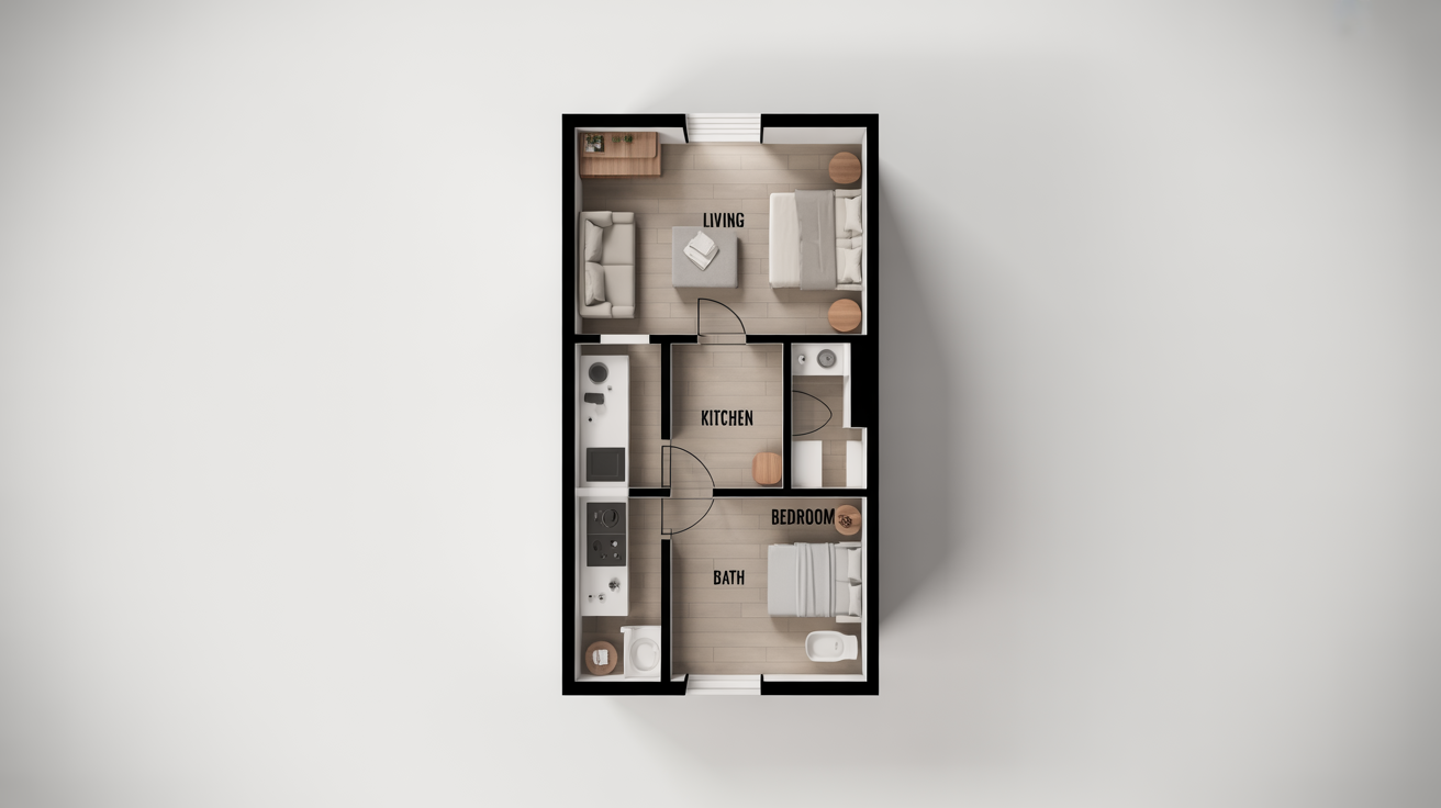 A top-down architectural floor plan of a long and narrow modern townhouse, showing the layout of the living room, kitchen, bedroom, and bathroom.