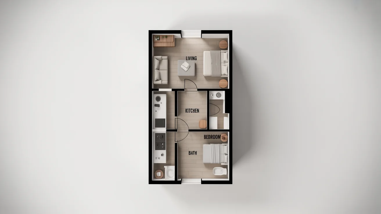 A top-down architectural floor plan of a long and narrow modern townhouse, showing the layout of the living room, kitchen, bedroom, and bathroom.