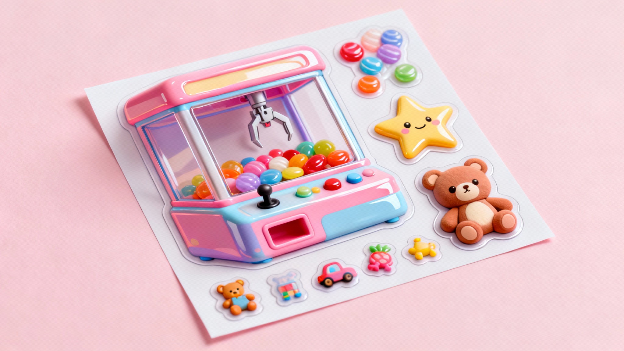 A top-down view of a professionally made sticker sheet featuring cute, kawaii-style art of a pastel claw machine and various small prizes like a teddy bear and candies.