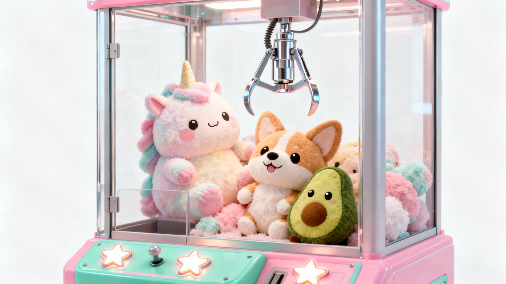A cute digital illustration of a pastel pink and green claw machine filled with adorable plush toys like a unicorn and a corgi, set against a plain white background.