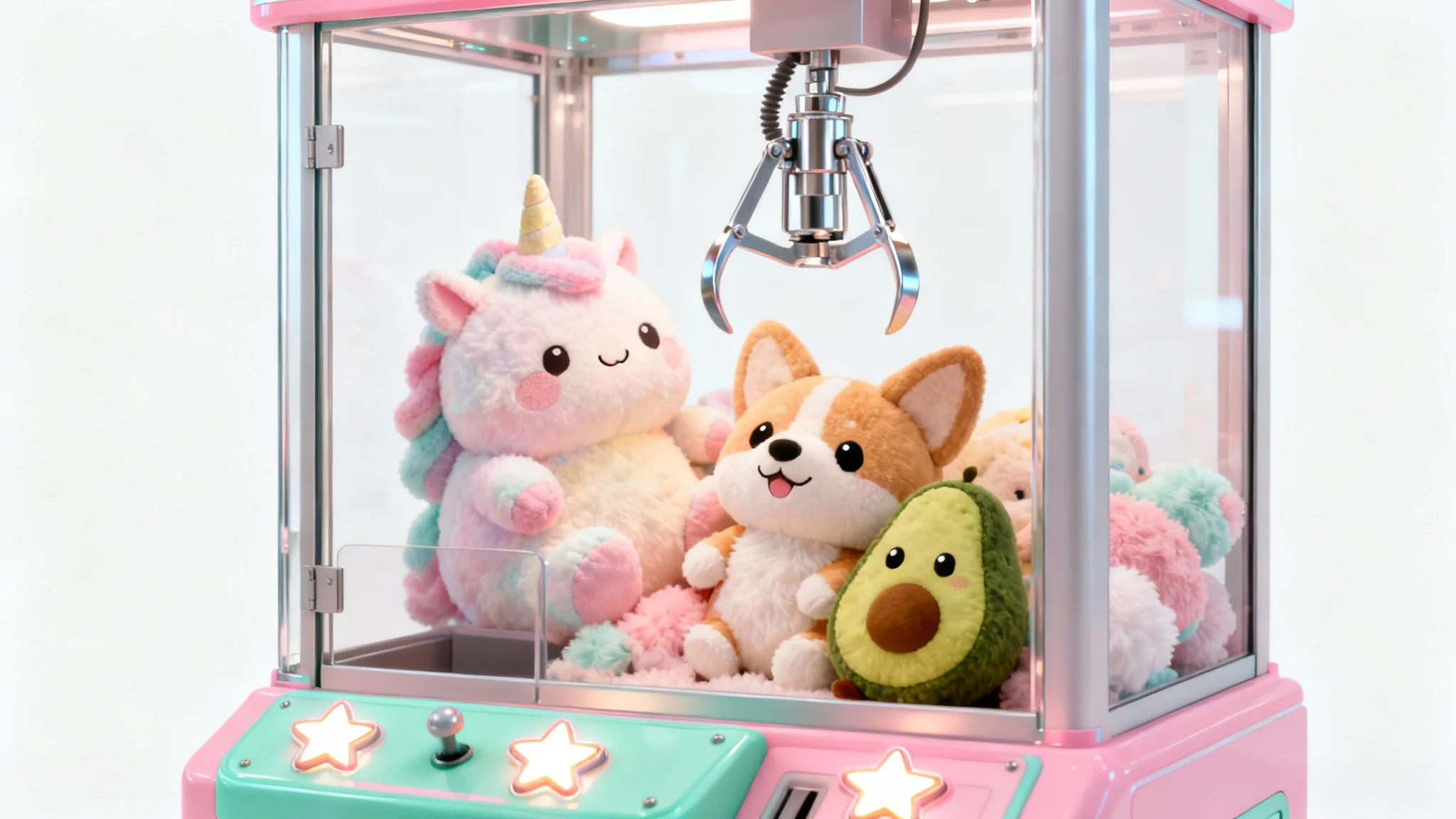 A cute digital illustration of a pastel pink and green claw machine filled with adorable plush toys like a unicorn and a corgi, set against a plain white background.