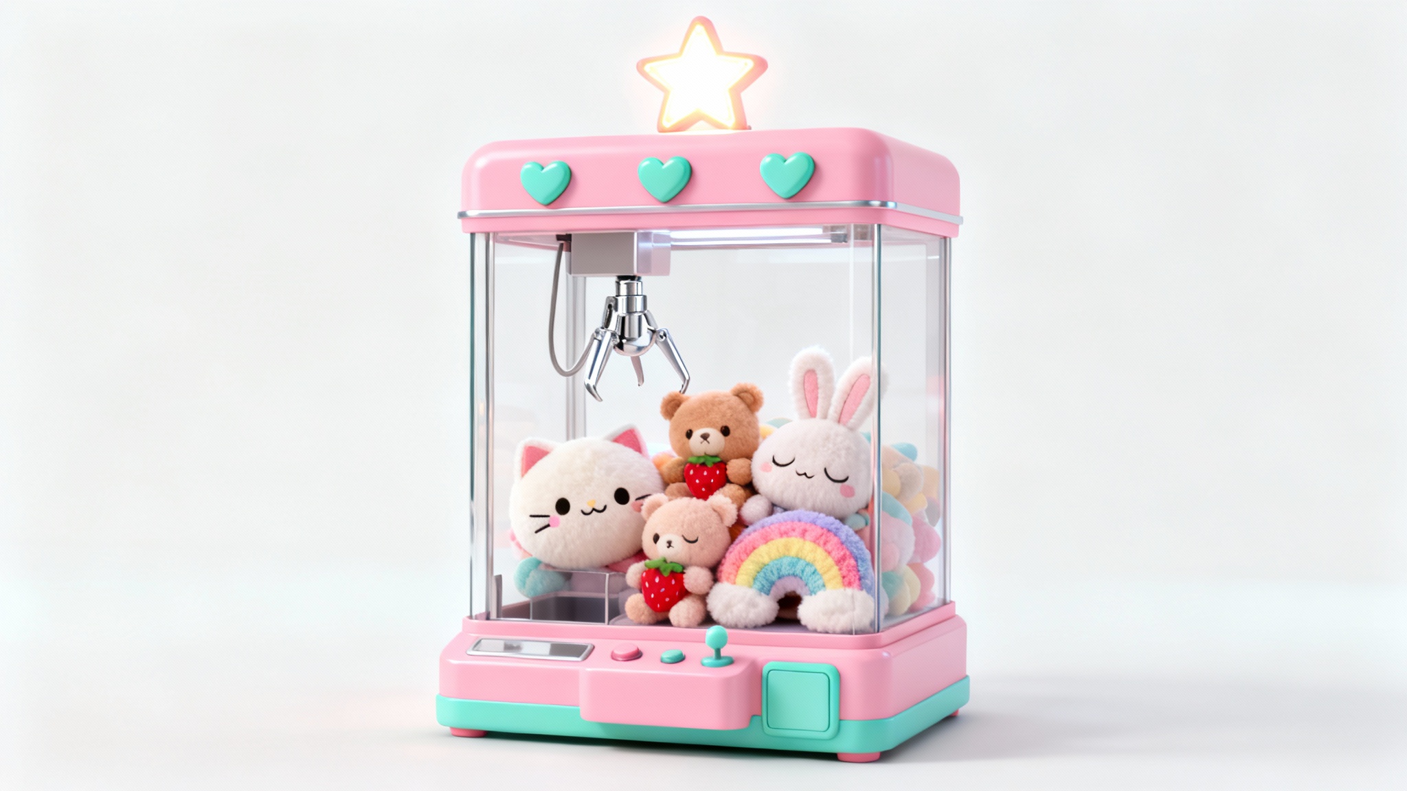 An adorable 3D illustration of a pastel pink claw machine filled with cute, fluffy plush toys, set against a clean white background.