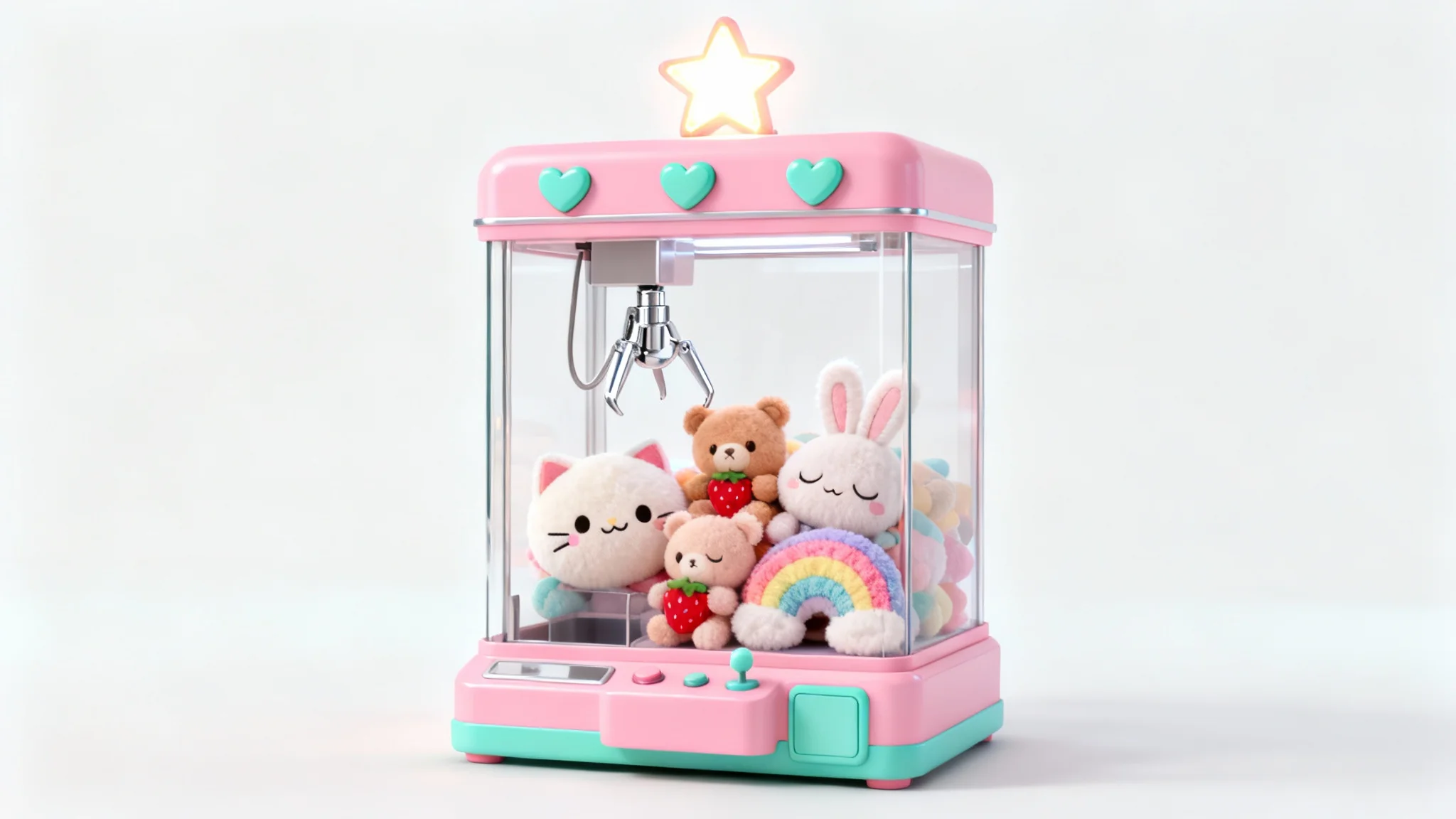 An adorable 3D illustration of a pastel pink claw machine filled with cute, fluffy plush toys, set against a clean white background.