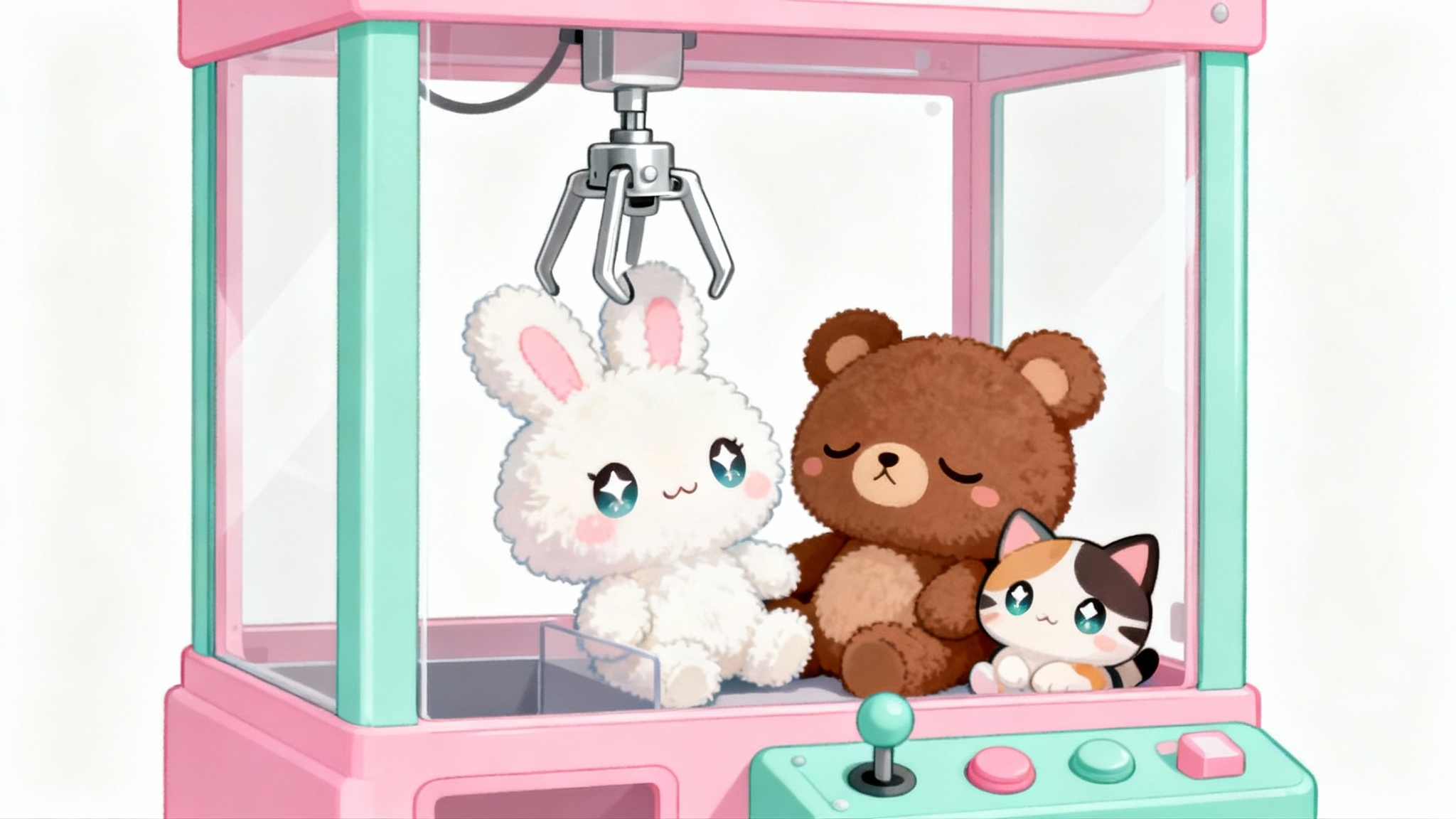 An adorable kawaii-style illustration of a pastel pink claw machine filled with cute chibi animal plush toys, set against a plain white background.