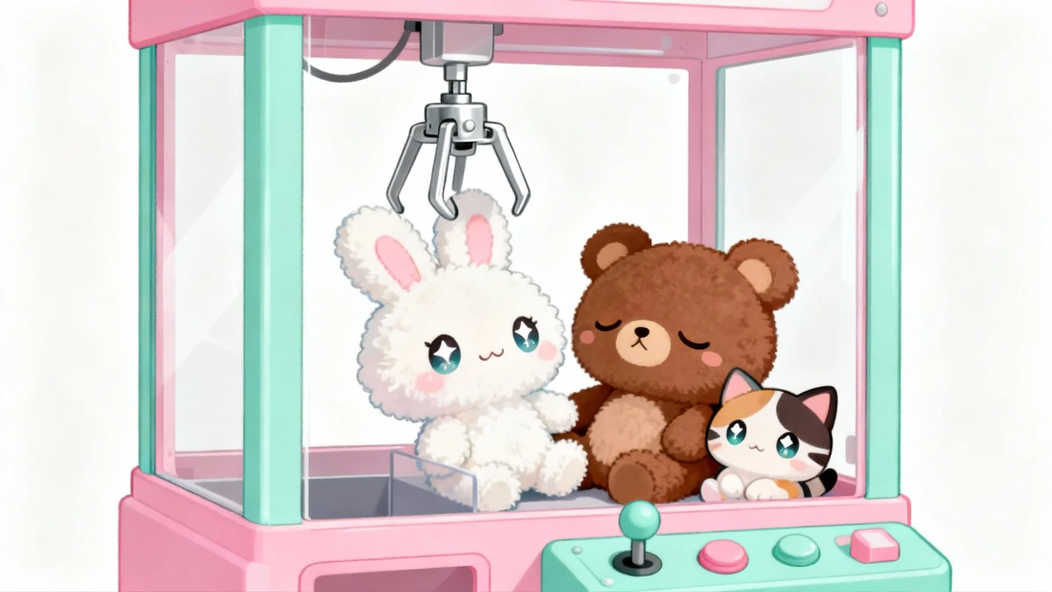 An adorable kawaii-style illustration of a pastel pink claw machine filled with cute chibi animal plush toys, set against a plain white background.
