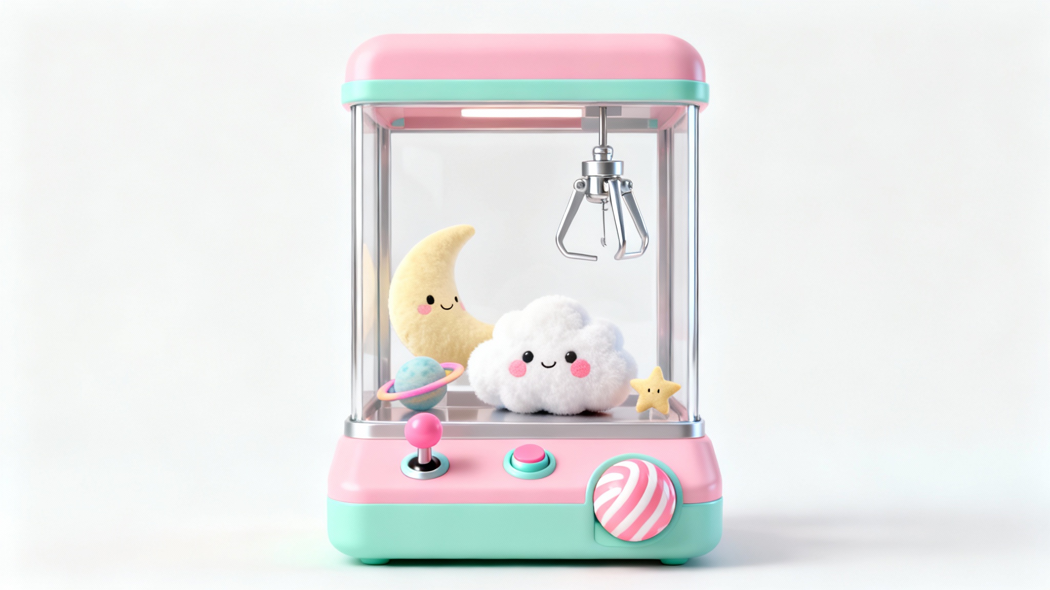 A cute, pastel pink and mint green claw machine filled with adorable plush toys like a moon, cloud, and star, shown in a whimsical 3D art style against a white background.