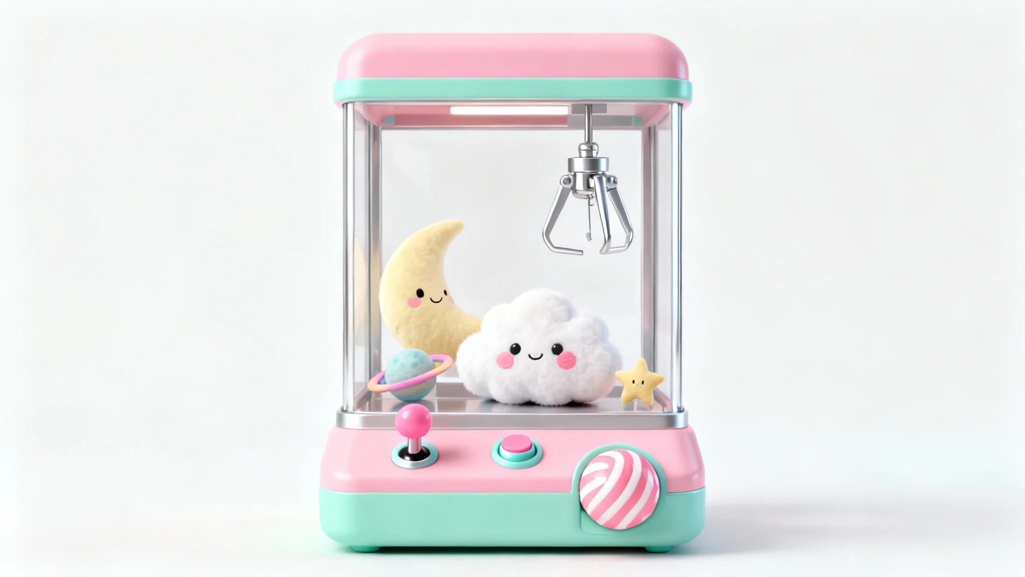 A cute, pastel pink and mint green claw machine filled with adorable plush toys like a moon, cloud, and star, shown in a whimsical 3D art style against a white background.