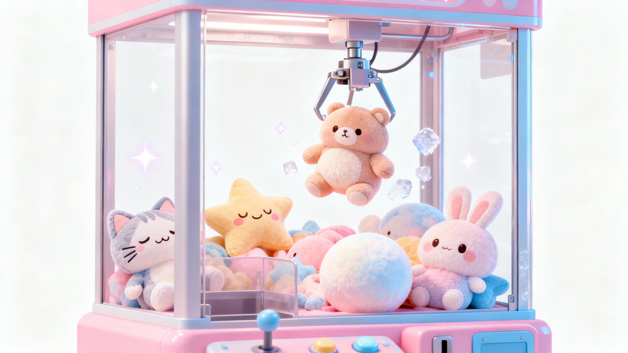 A cute, pastel-colored claw machine filled with adorable kawaii-style plush toys, set against a plain white background.