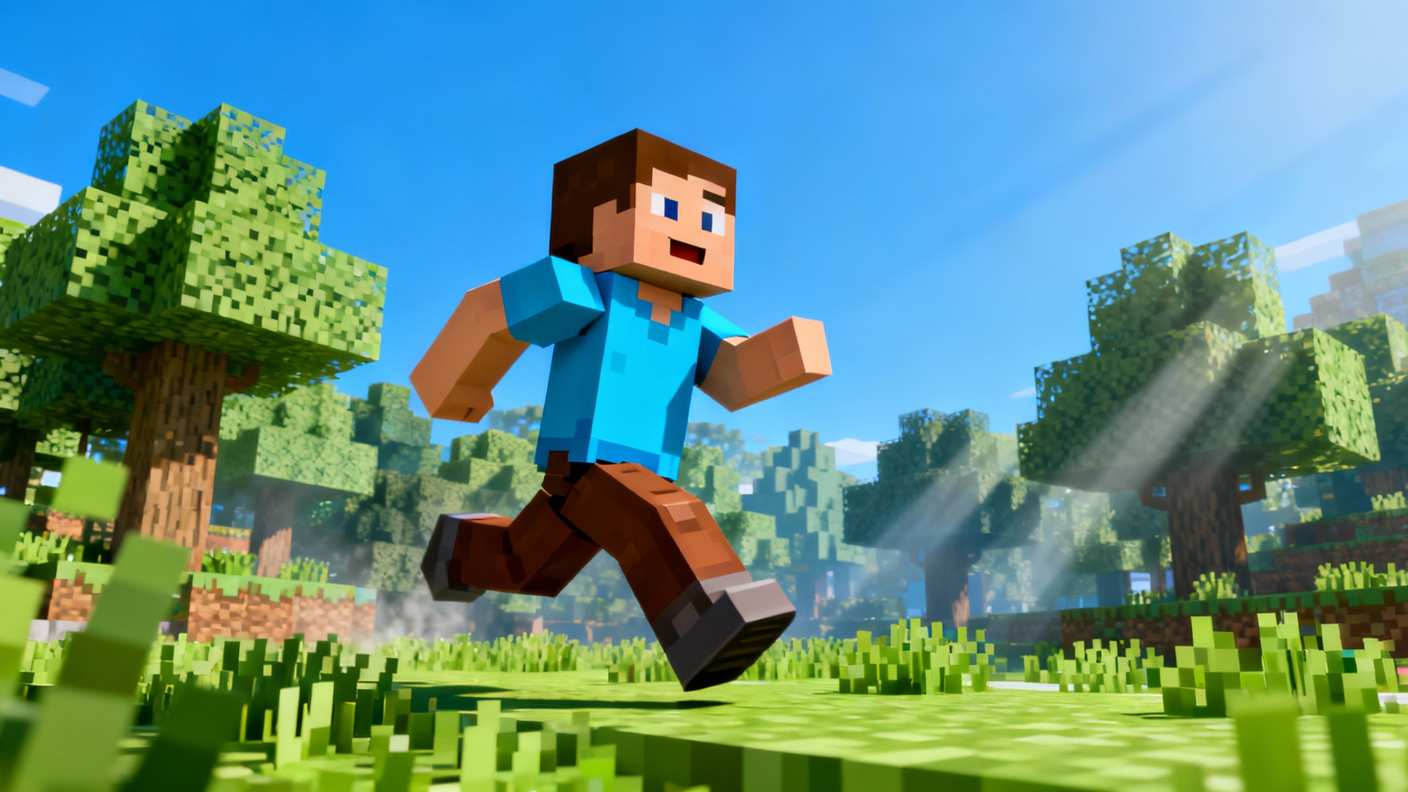 A cinematic 3D render of a Minecraft character with a blue shirt running through a vibrant, blocky landscape, representing the final output of a character creation tool.