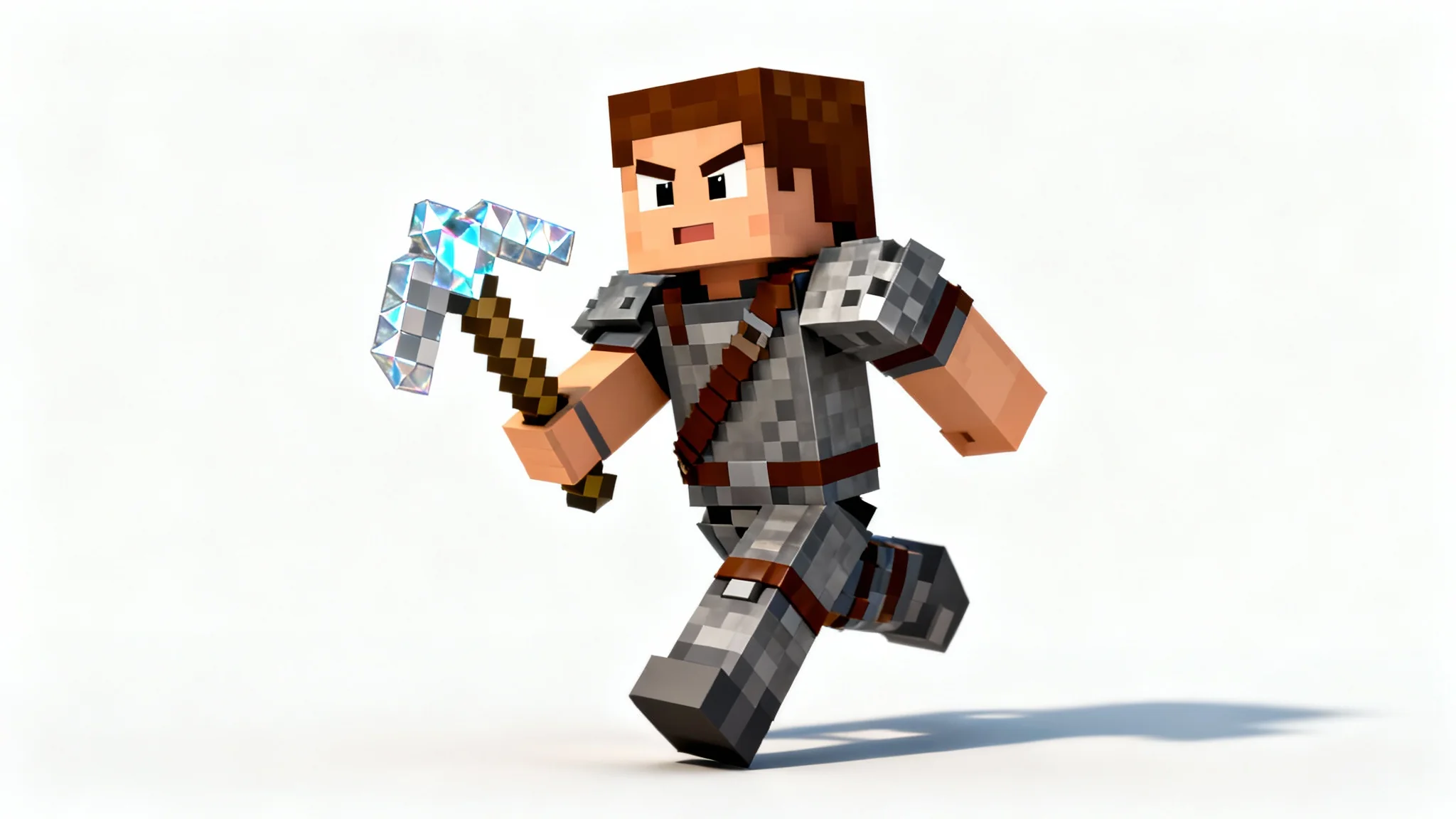 A 3D render of a blocky Minecraft-style character wearing iron armor and holding a diamond pickaxe, captured mid-run against a plain white background.