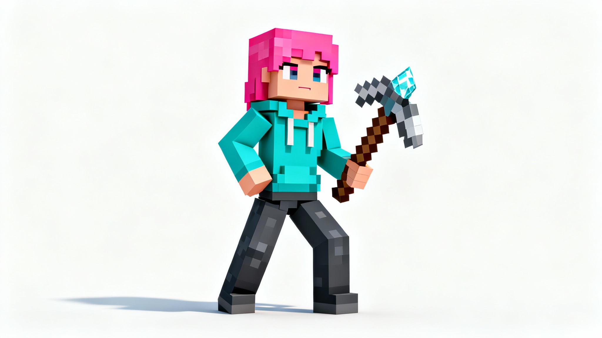 A 3D render of a custom female Minecraft character with pink hair and a teal hoodie, holding a diamond pickaxe against a solid white background.