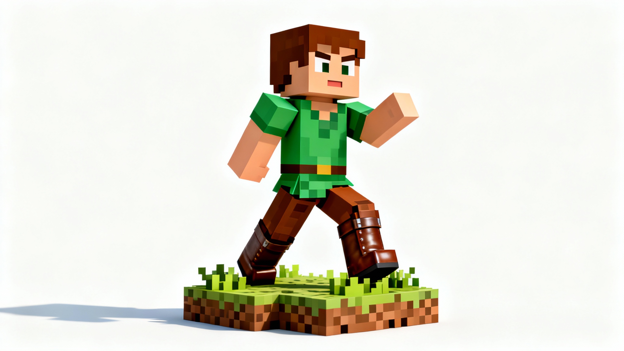 A 3D rendering of a custom Minecraft character wearing a green tunic, standing on a grass block against a plain white background.