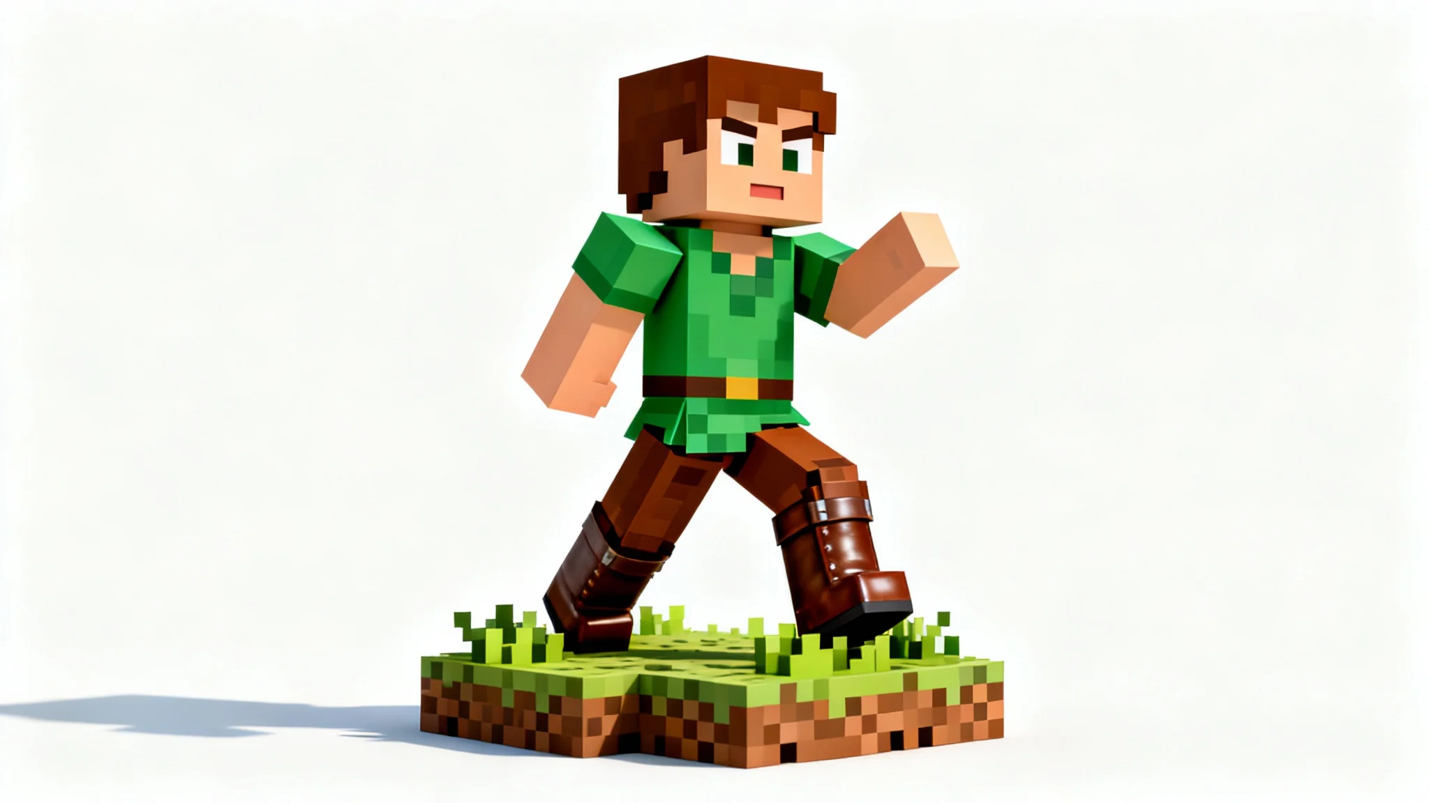A 3D rendering of a custom Minecraft character wearing a green tunic, standing on a grass block against a plain white background.
