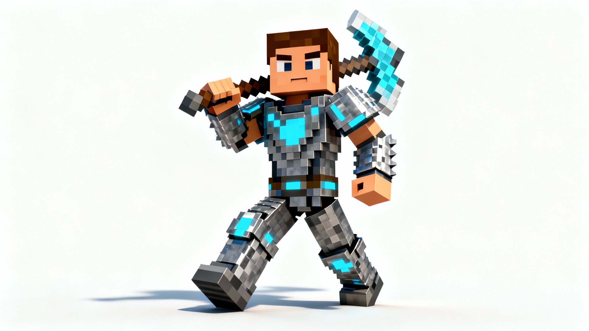 A 3D voxel art model of a Minecraft-style adventurer character in detailed armor, holding a pickaxe against a plain white background.