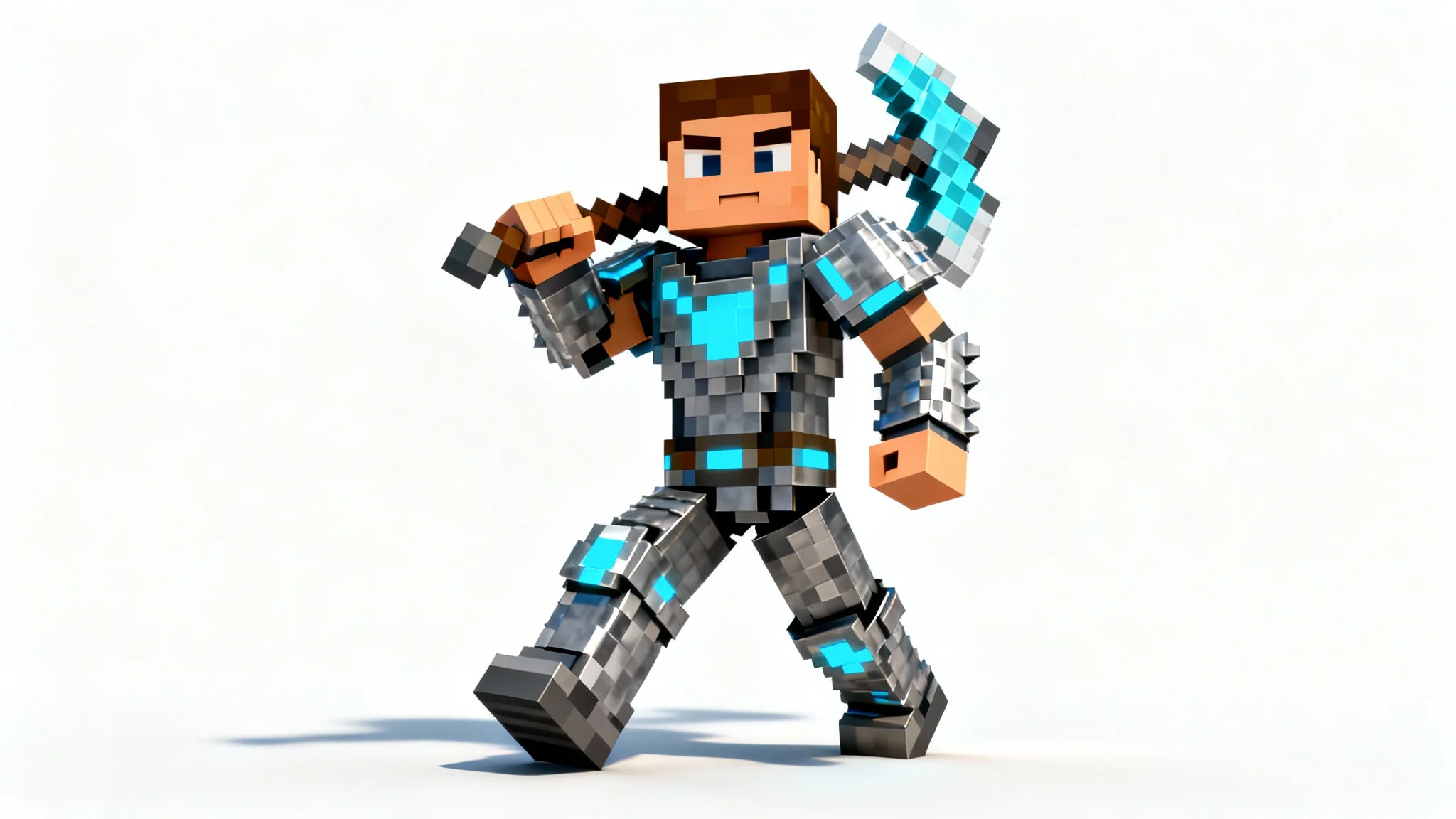 A 3D voxel art model of a Minecraft-style adventurer character in detailed armor, holding a pickaxe against a plain white background.