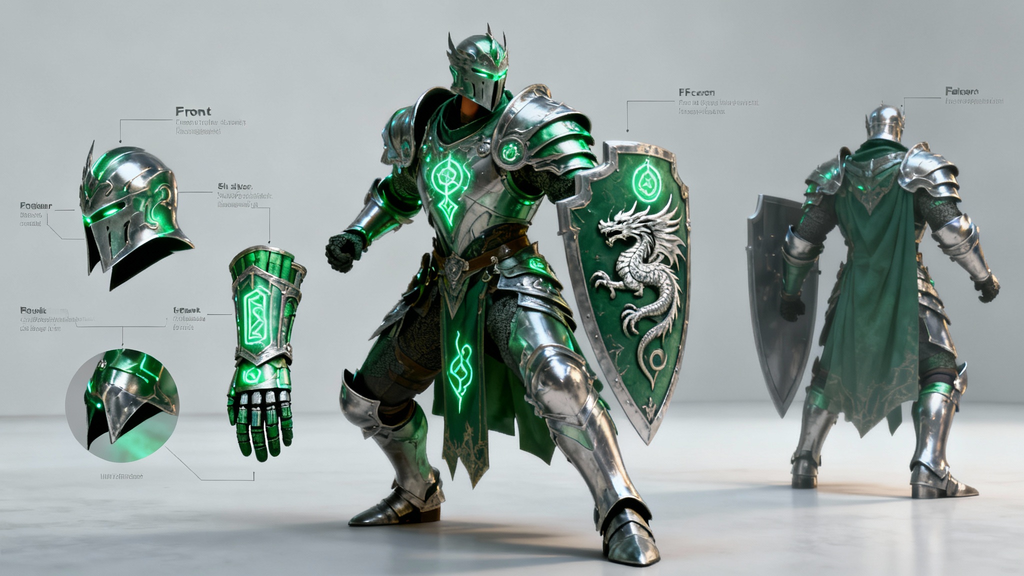 A professional concept art sheet displaying the design for a fantasy knight's armor. The armor is emerald green and silver with glowing runes. The main image shows the knight in a dynamic pose, surrounded by smaller detail views of the helmet, shield, and gauntlet on a clean background.
