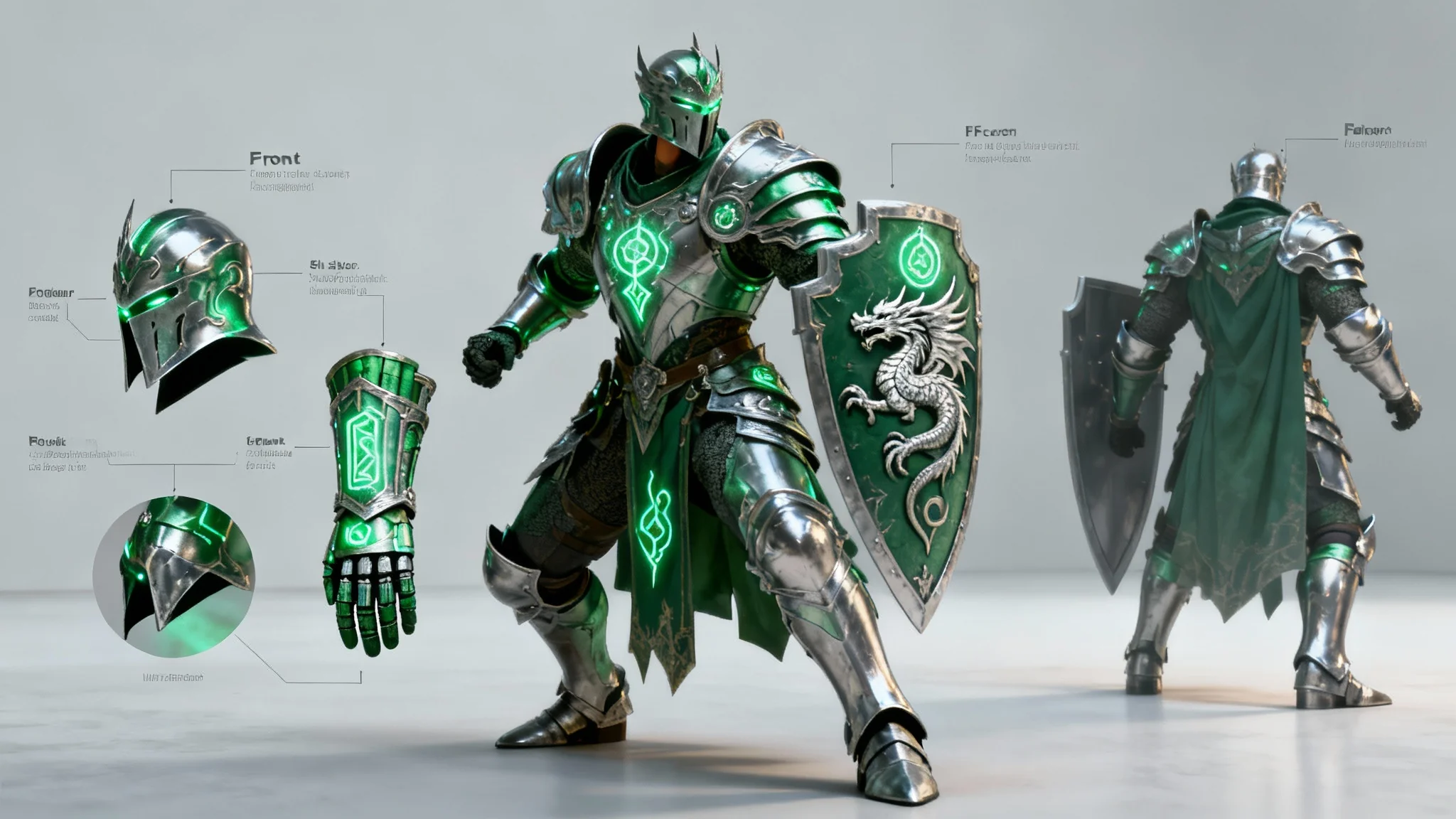 A professional concept art sheet displaying the design for a fantasy knight's armor. The armor is emerald green and silver with glowing runes. The main image shows the knight in a dynamic pose, surrounded by smaller detail views of the helmet, shield, and gauntlet on a clean background.