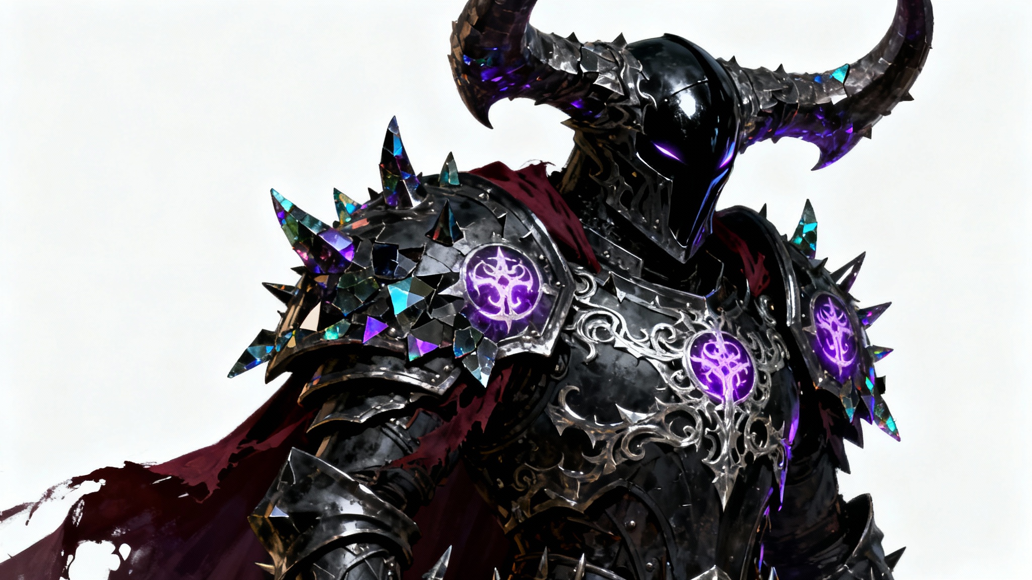 A hyper-detailed concept art image of a dark fantasy armor set, featuring matte black metal, glowing purple sigils, and a crimson cape, set against a stark white background.